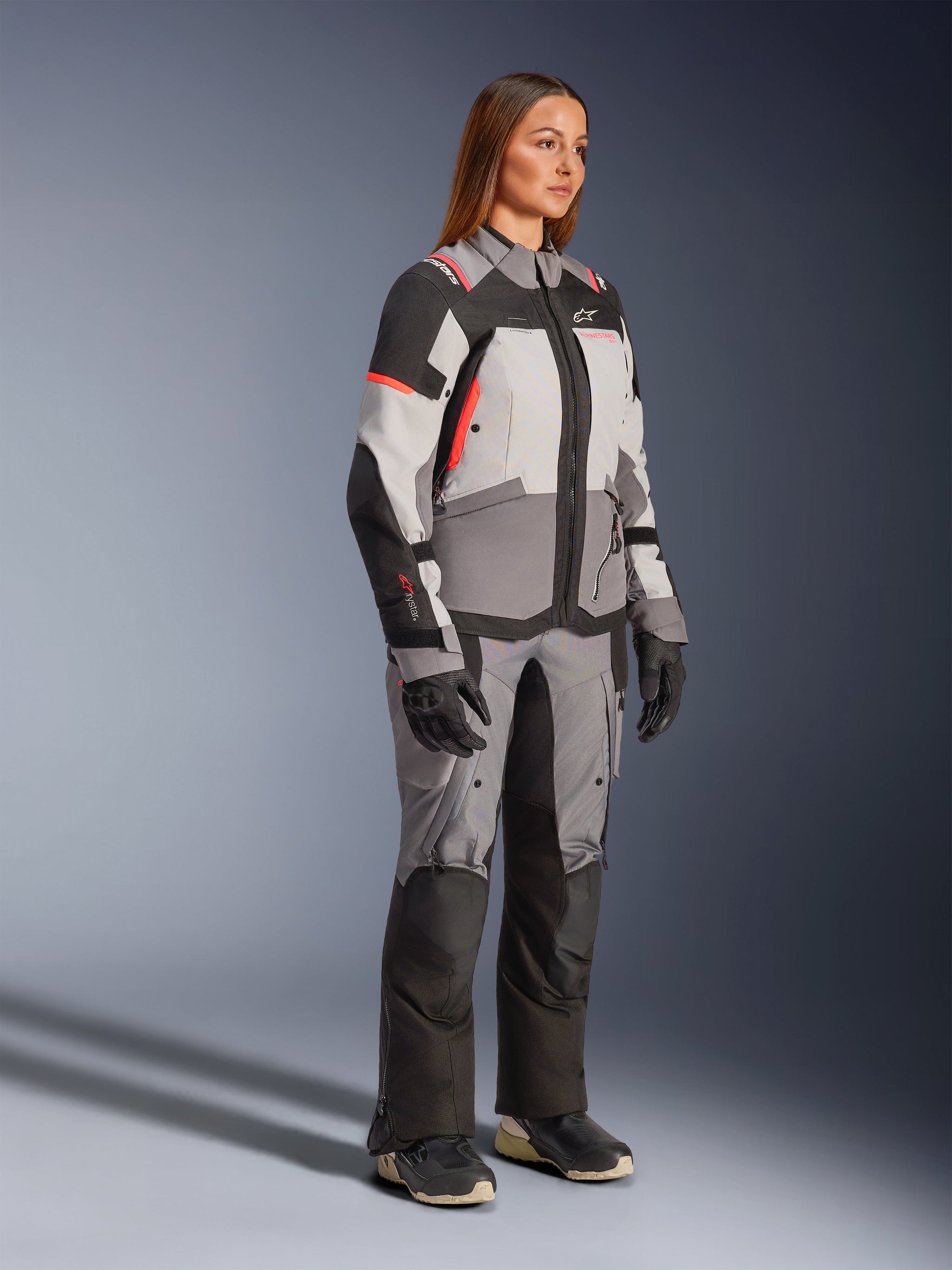 Alpinestars Stella Andes V4 Drystar® Jacket, women's waterproof adventure riding gear in gray and black.