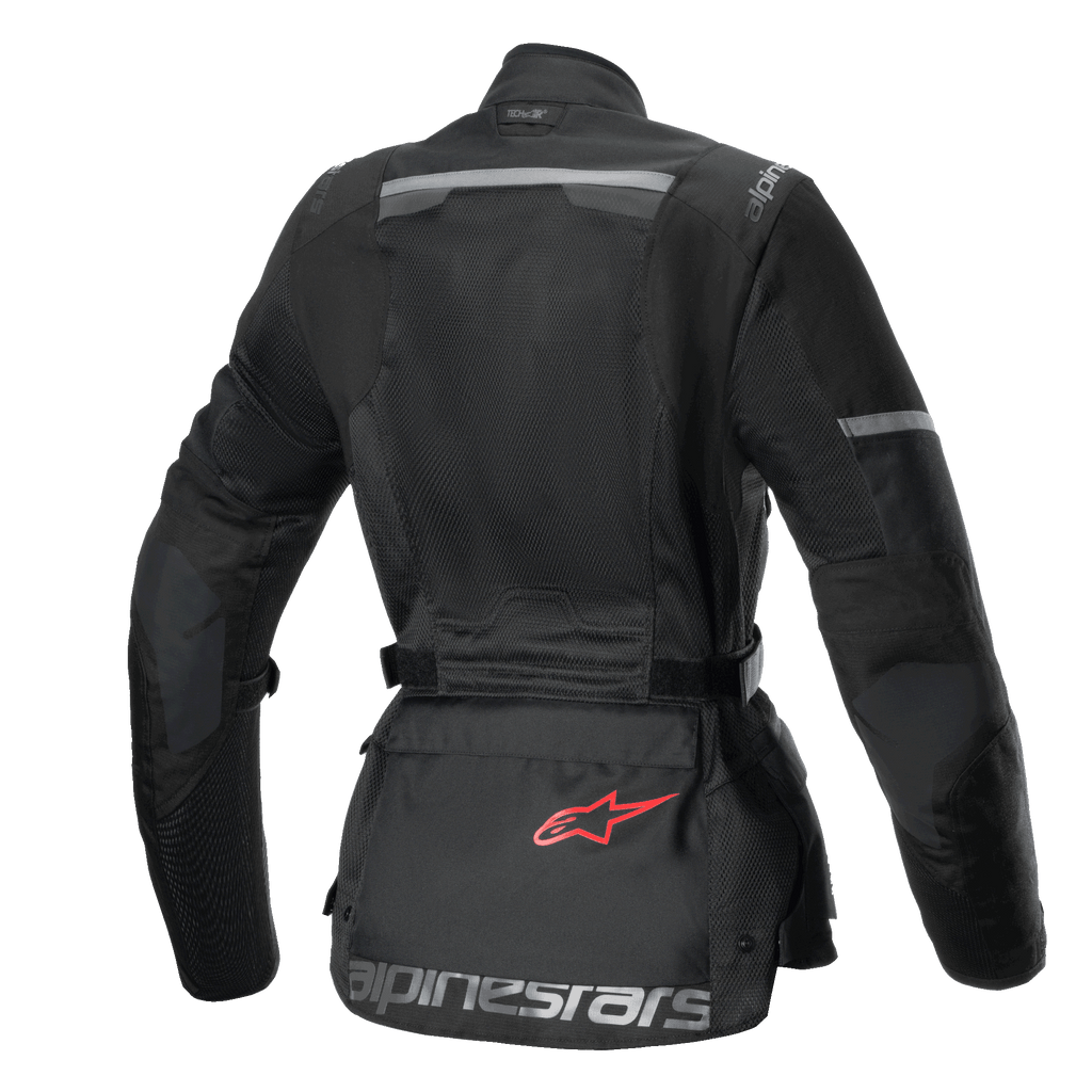 Alpinestars Stella Andes Air Drystar Jacket, women's touring motorcycle jacket, back view, black, featuring extensive mesh panels, ripstop reinforcements, and a lower-back storage pouch with a red logo