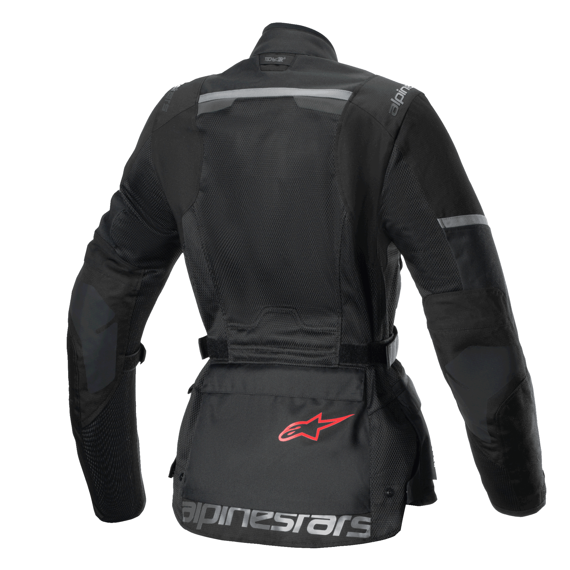 Alpinestars Stella Andes Air Drystar Jacket, women's touring motorcycle jacket, back view, black, featuring extensive mesh panels, ripstop reinforcements, and a lower-back storage pouch with a red logo