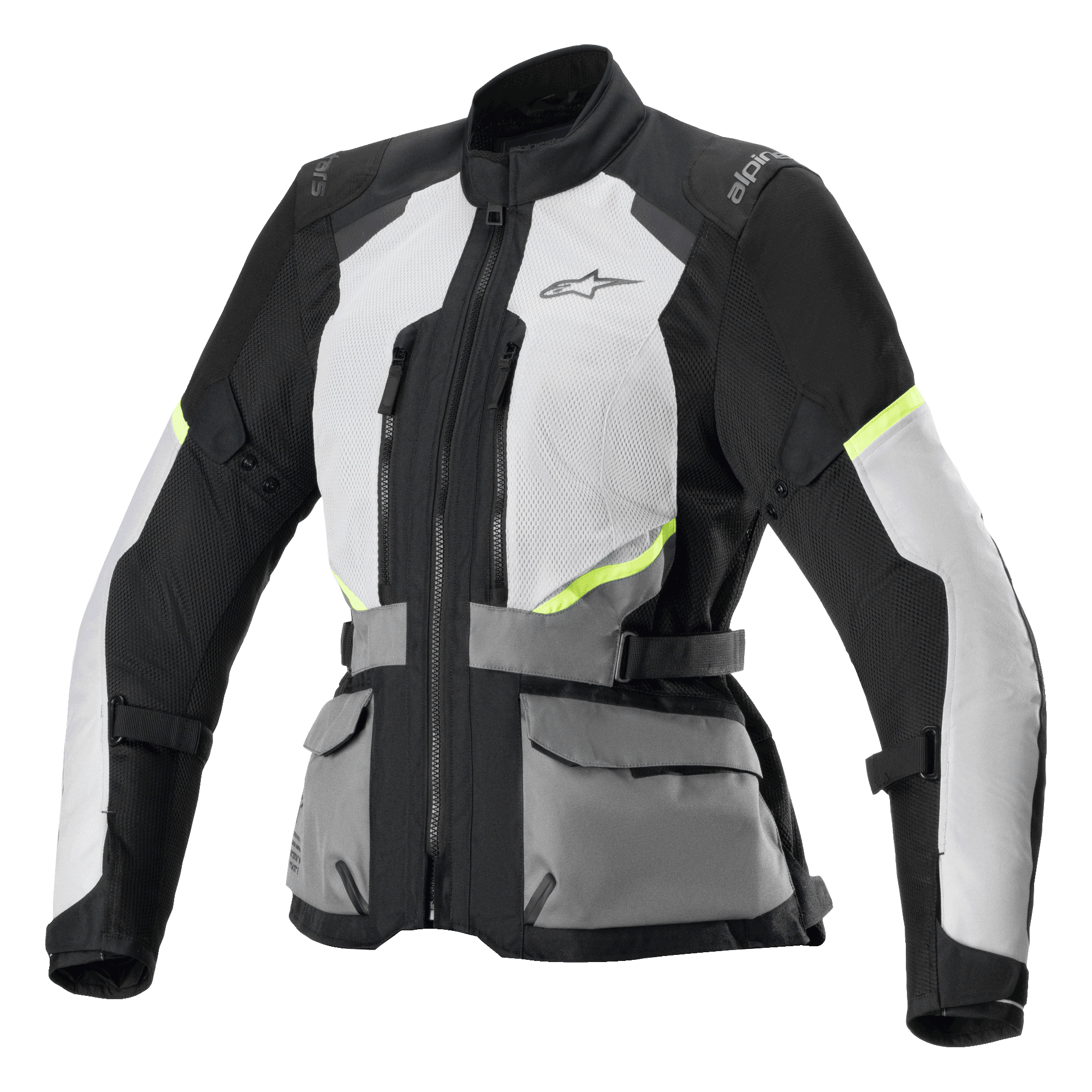 Alpinestars Stella Andes Air Drystar Jacket, Women's Motorcycle Touring Jacket, Ice Gray and Dark Gray with Black and Neon Yellow accents, featuring extensive mesh ventilation panels, front utility pockets, and adjustable waist straps, technical touring design