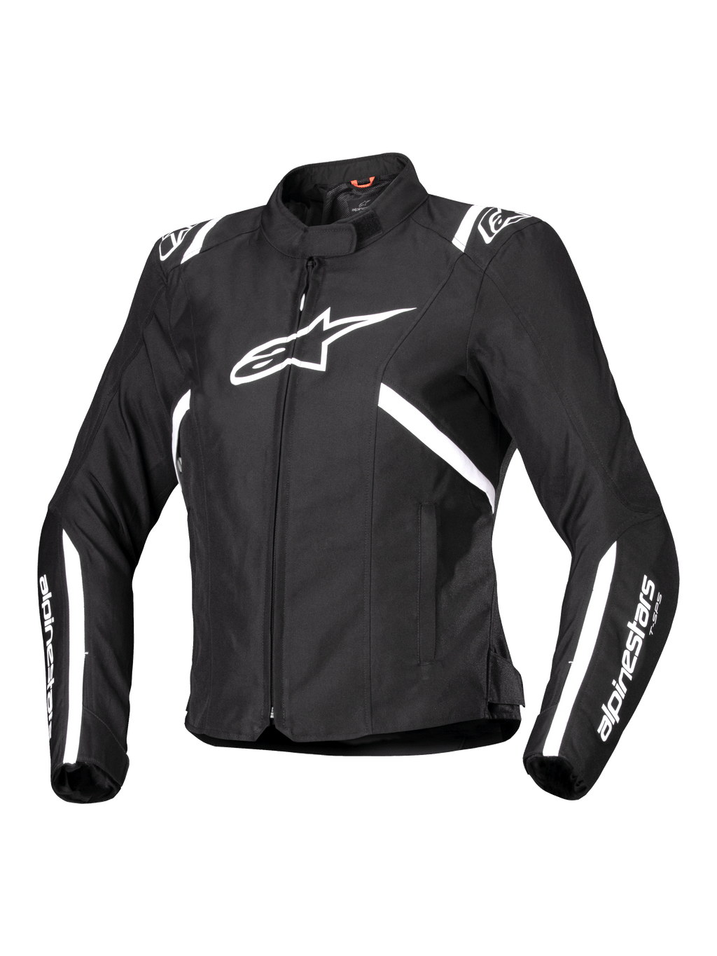 Alpinestars Stella T-SPS V2 Waterproof Jacket, Women's Motorcycle Jacket, Black and White, featuring a large white star logo on the chest, white stripes on the shoulders and sleeves, sleek racing-inspired silhouette, high collar, and durable textile fabric