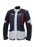 Alpinestars Stella ST-1 Waterproof Jacket, women's motorcycle touring jacket, Dark Blue, Black, and Bright Red, featuring light gray panels, high collar, front zipper, and adventure-inspired design with angular shapes and cargo pockets