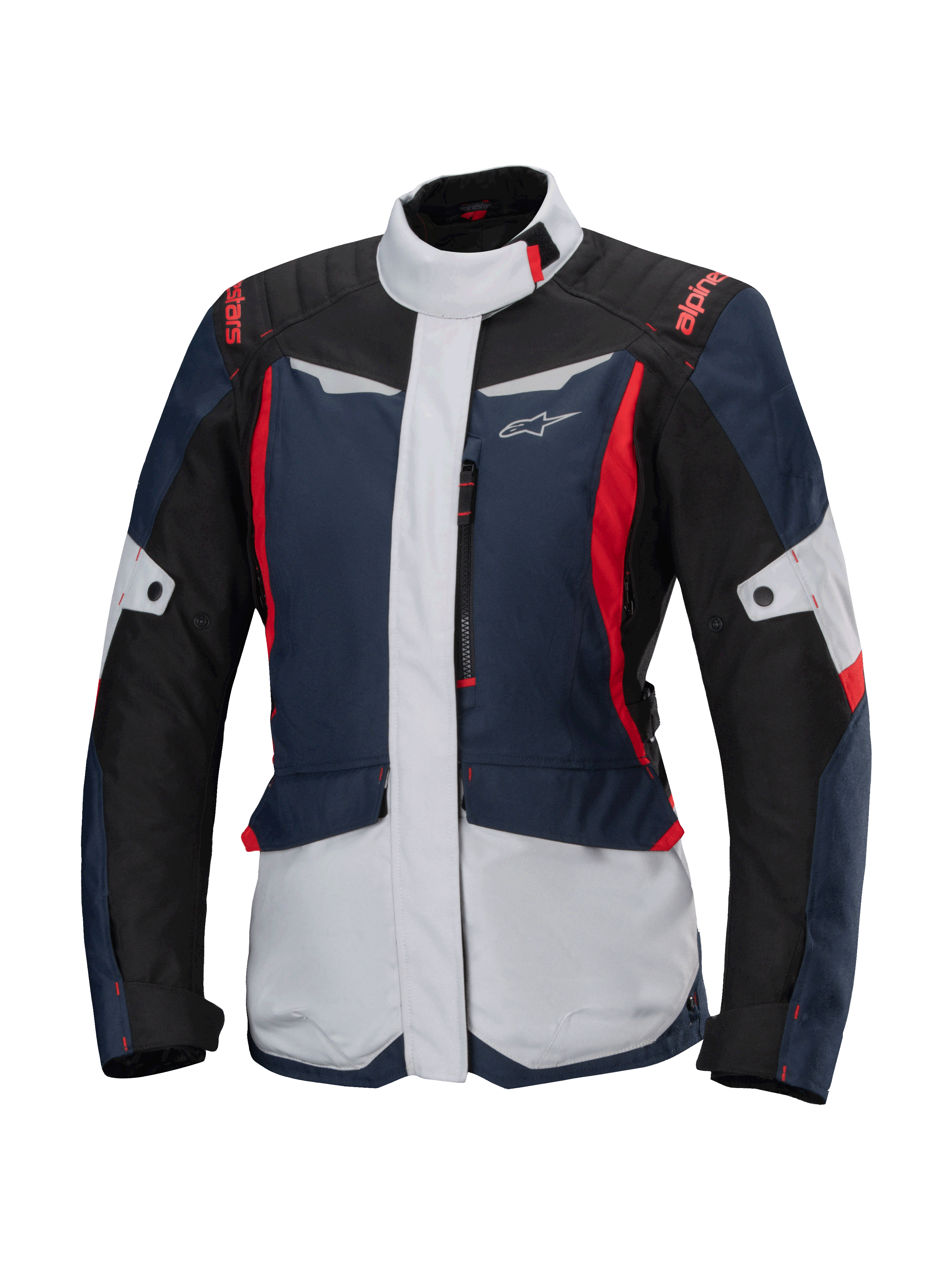 Alpinestars Stella ST-1 Waterproof Jacket, women's motorcycle touring jacket, Dark Blue, Black, and Bright Red, featuring light gray panels, high collar, front zipper, and adventure-inspired design with angular shapes and cargo pockets
