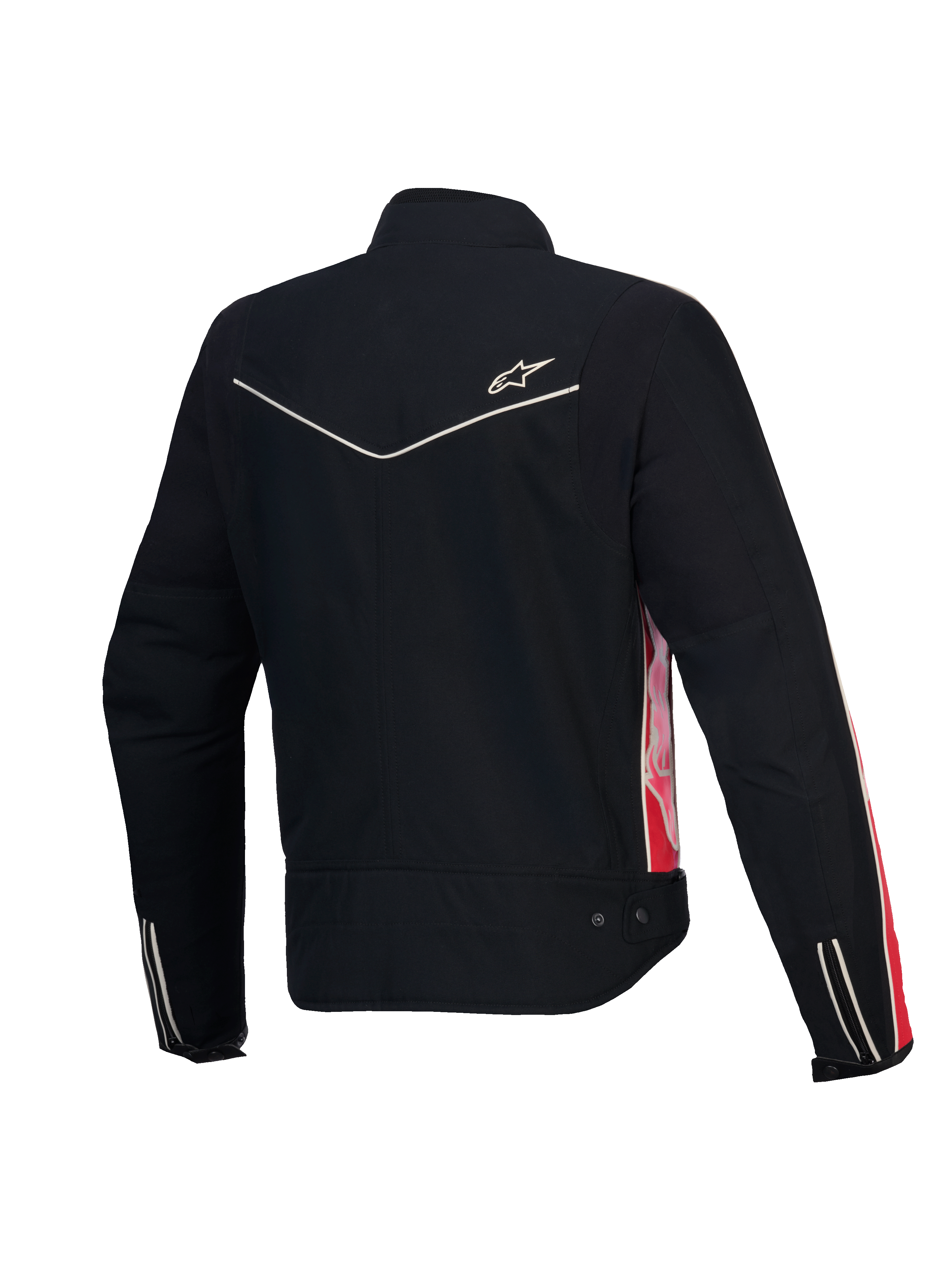 Alpinestars Stella T-Dyno Water Resistant Jacket, women's textile motorcycle jacket, rear view in black with bright red and fuchsia highlights, CE certified, vintage biker fit