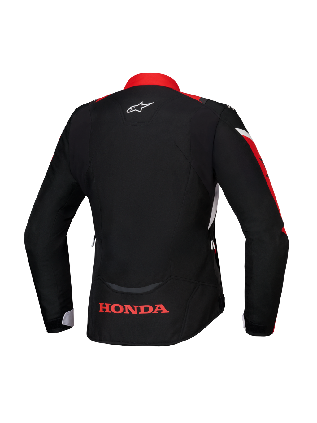 Alpinestars Honda Stella T-Jaws V4 WP Jacket, Rear view, Black with Bright Red and White accents, featuring red Honda logo on the lower back and white Alpinestars logo on the neck, women's sport fit waterproof textile jacket