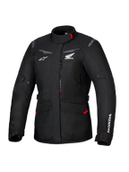 Honda Stella ST-1 WP Jacket, Women's Waterproof Touring Jacket, Black with red accents and white Honda logos, high collar, front zipper, expandable cargo pockets, durable textile adventure gear