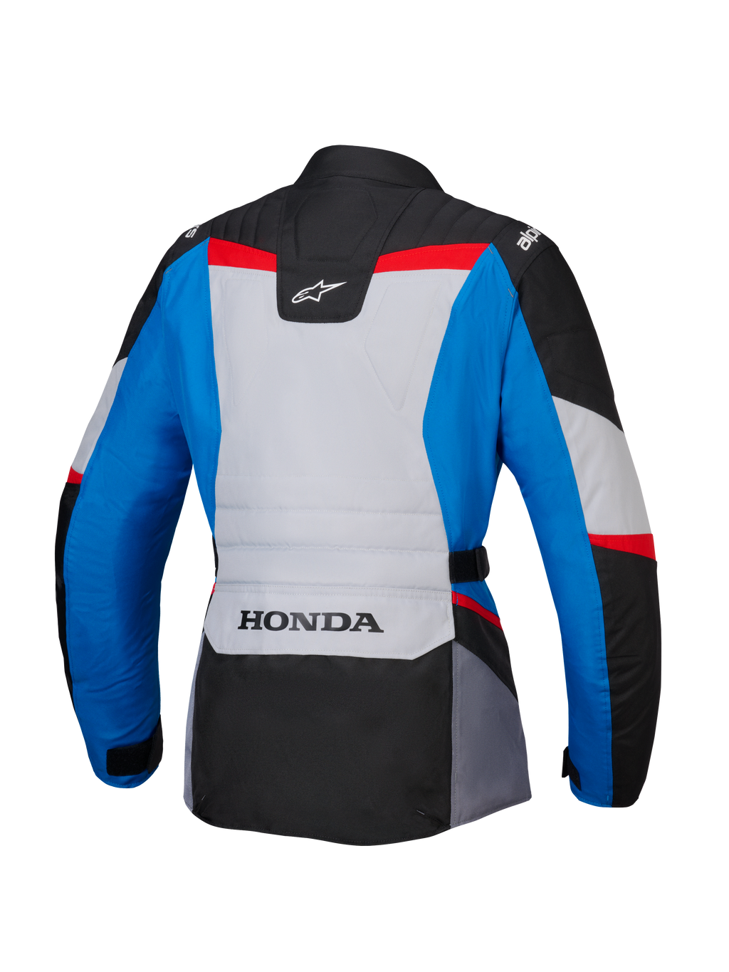 Alpinestars Honda Woman Stella ST-1 WP Jacket, back view, adventure touring motorcycle jacket in blue, ice gray, and black with red accents, featuring HONDA branding on the lower back and Alpinestars logos on the shoulders and upper back.