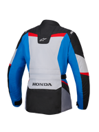 Alpinestars Honda Woman Stella ST-1 WP Jacket, back view, adventure touring motorcycle jacket in blue, ice gray, and black with red accents, featuring HONDA branding on the lower back and Alpinestars logos on the shoulders and upper back.