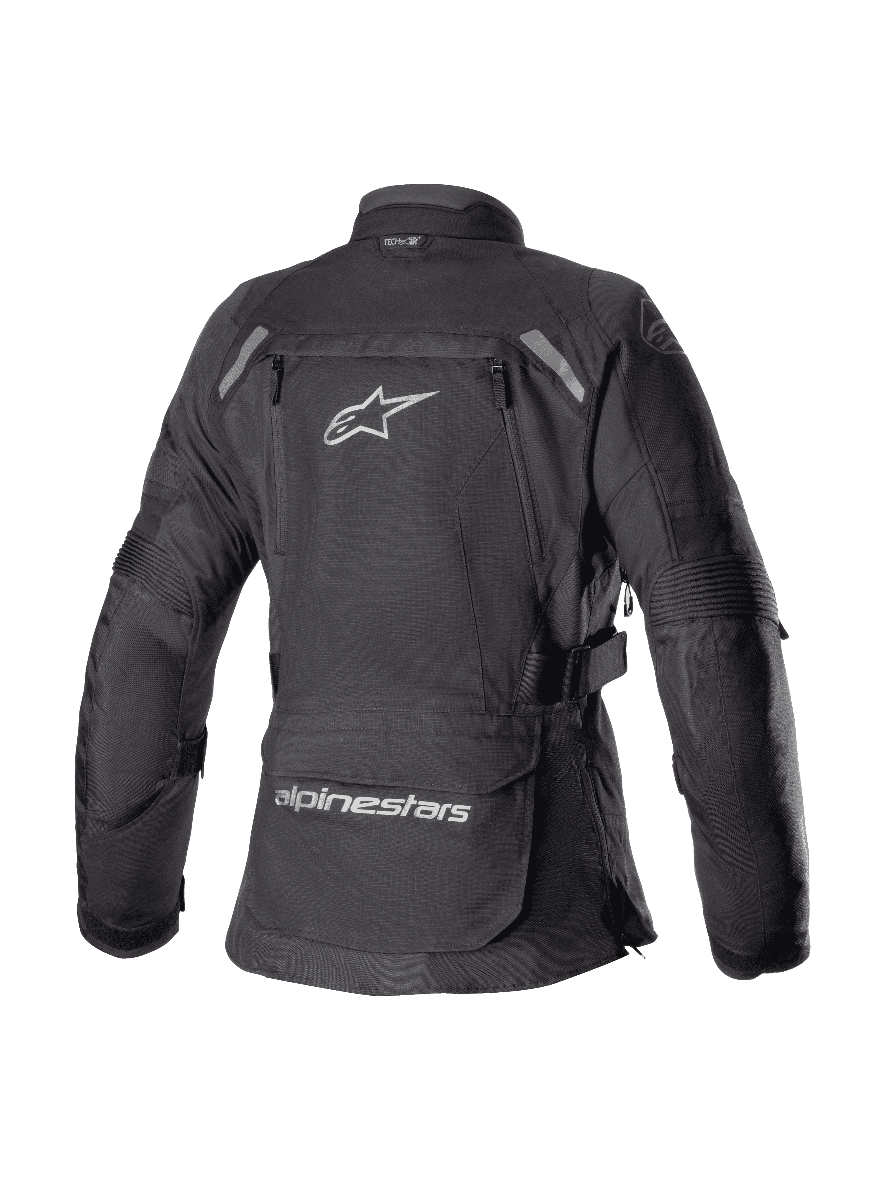 Alpinestars Women Stella Bogota' Pro Drystar® Jacket, Black, Rear view of textile adventure touring jacket featuring a large white Astar logo, lower back storage pocket with branding, and reflective shoulder accents