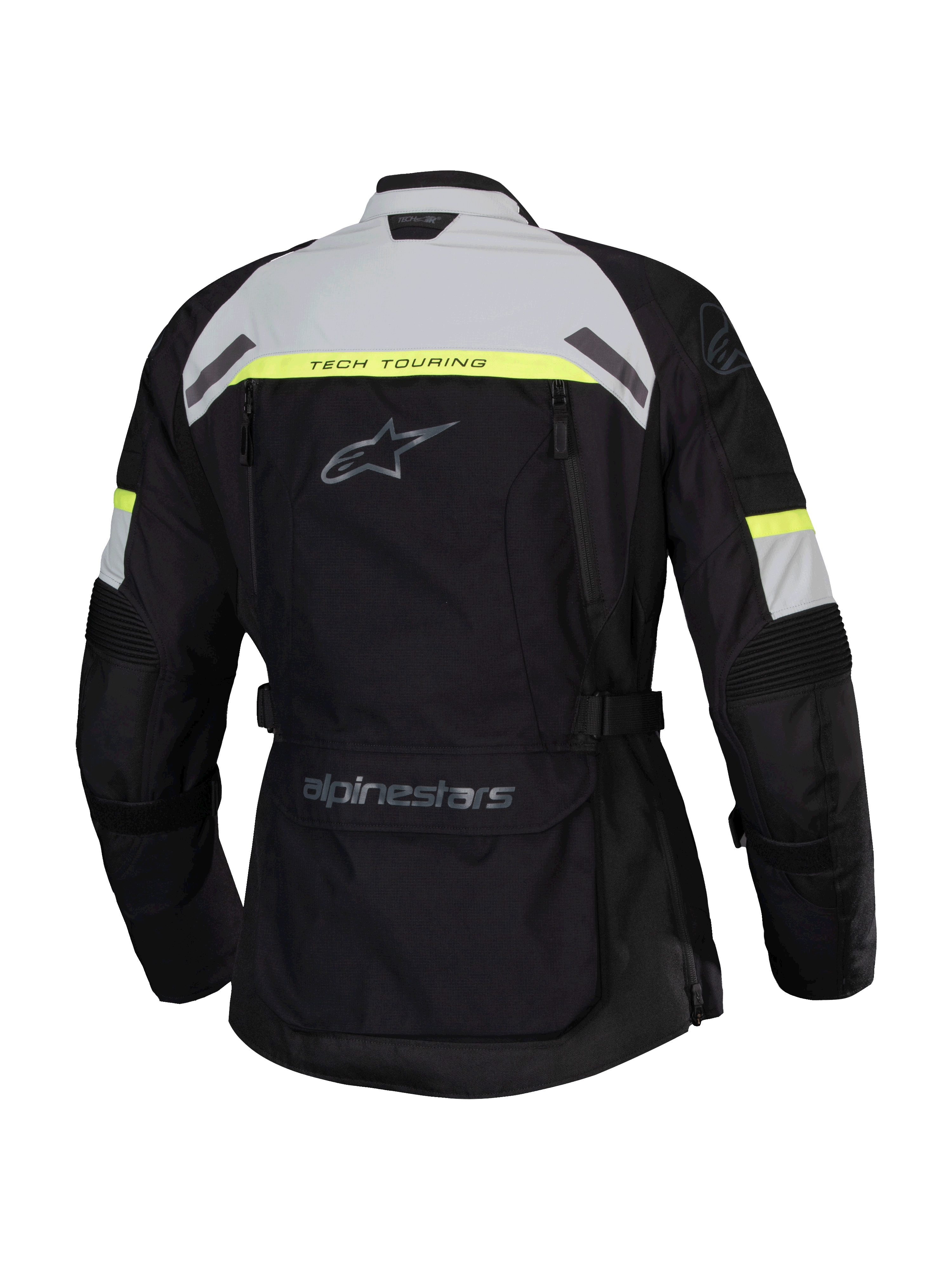 Alpinestars Stella Bogota' Pro Drystar® Jacket, Rear View, Black with Ice Gray and Yellow Fluo highlights, Women's Adventure Touring Motorcycle Jacket featuring Tech Touring branding and a large lower back utility pocket