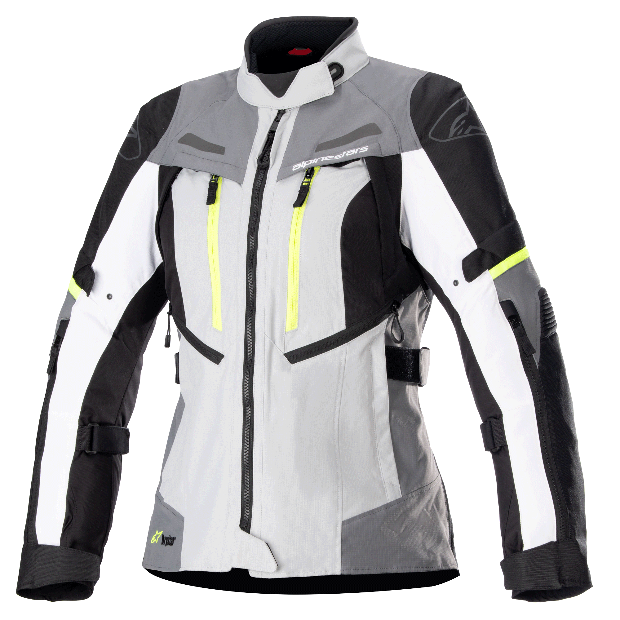 Alpinestars Women Stella Bogota Pro Drystar Jacket, Motorcycle Touring Jacket, Ice Gray and Dark Gray with White and Neon Yellow accents, waterproof textile construction with adjustable straps and ventilation zippers, front view on white background