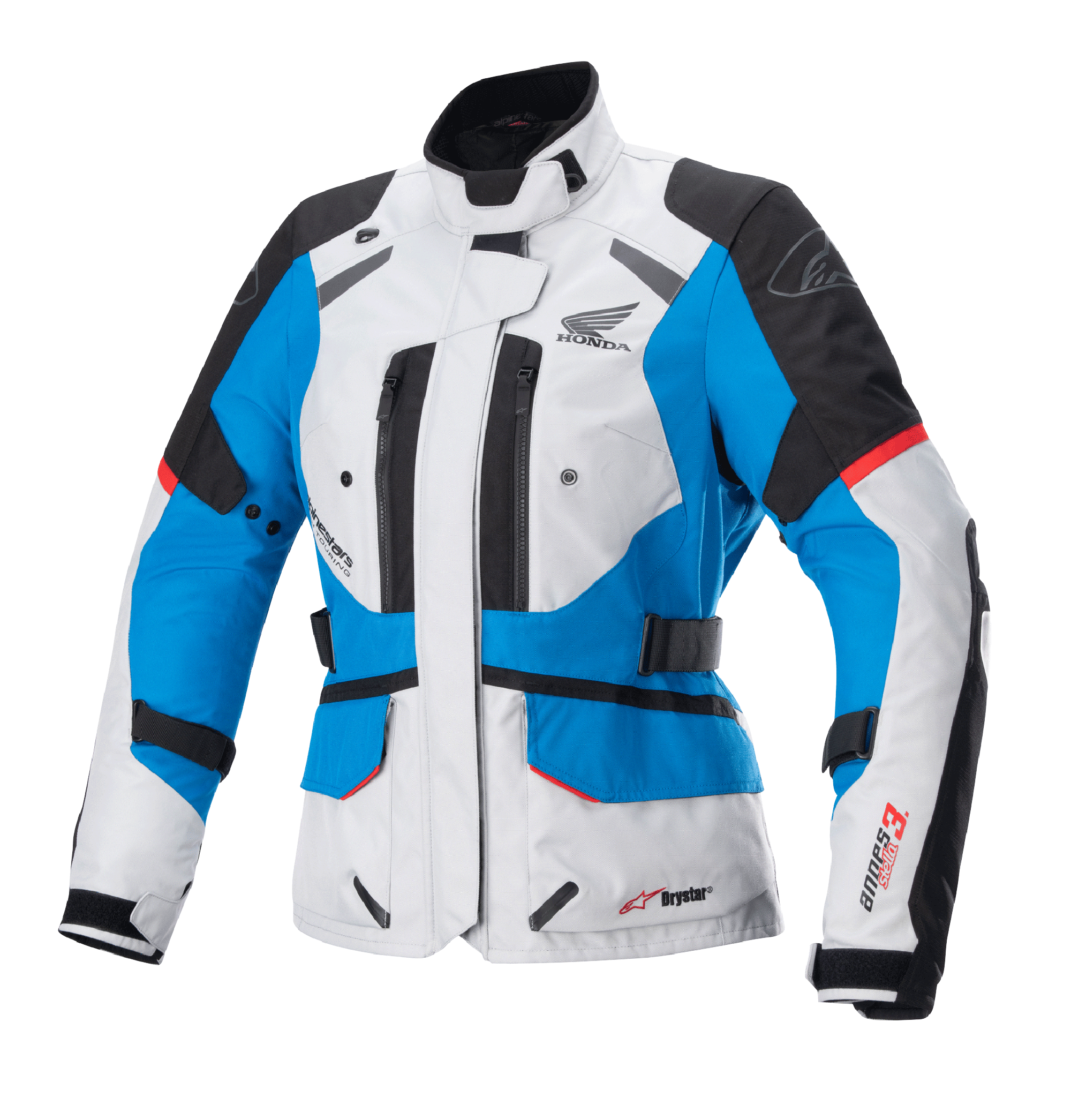 Alpinestars Women's Stella Honda Andes V3 Drystar Jacket, Motorcycle Touring Jacket, Ice Gray Blue and Bright Red, textile waterproof construction featuring Honda wing logo, zippered vents, and adjustable waist straps