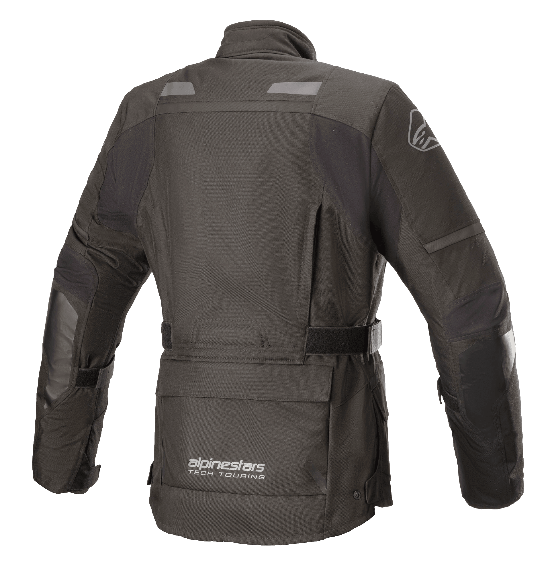 Alpinestars Women Stella Andes V3 Drystar® Jacket, Black and Dark Gray, rear view featuring waterproof textile construction, large utility pocket on the lower back, adjustable waist strap, and reflective safety accents.