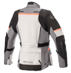 Alpinestars Women Stella Andes V3 Drystar® Jacket, Motorcycle Jacket, Ice Gray, Dark Gray, Black and Coral, rear view featuring a large lower back utility pocket, adjustable waist belt, and coral accents on the shoulders and back.
