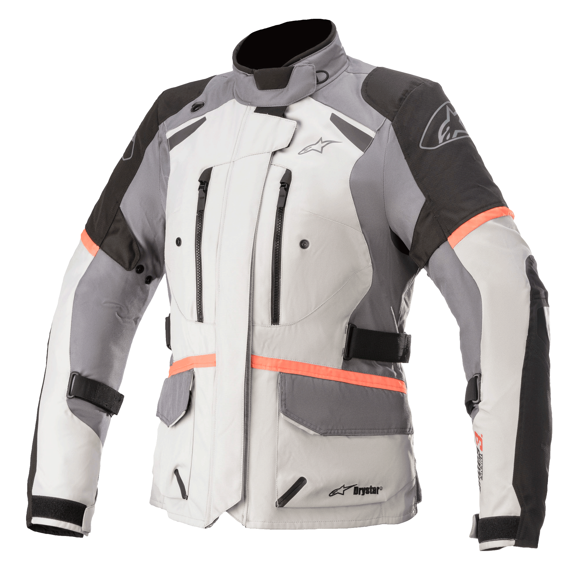 Alpinestars Women Stella Andes V3 Drystar Jacket, Motorcycle Touring Jacket, Ice Gray with Dark Gray and Black panels, bright Coral accents, featuring zippered chest vents, large flap pockets, and adjustable waist straps, technical textile construction for all-weather adventure riding