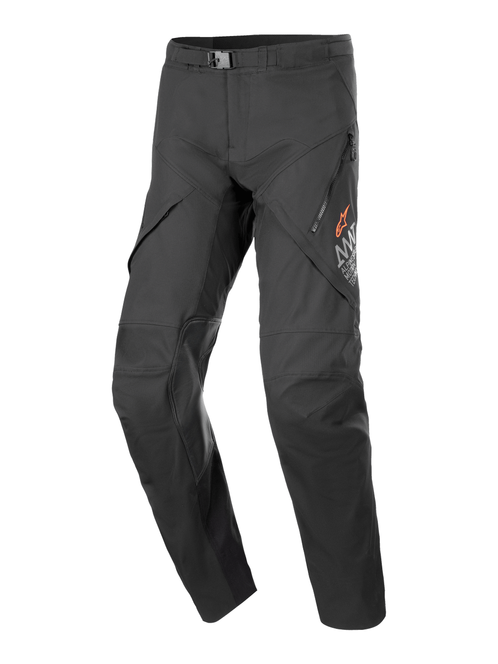 Alpinestars AMT-8 Stretch Drystar® XF Pants, Textile Motorcycle Pants, Black, buckle waist closure, zippered thigh pockets with orange logo branding, reinforced knee panels, ergonomic pre-curved design for adventure touring