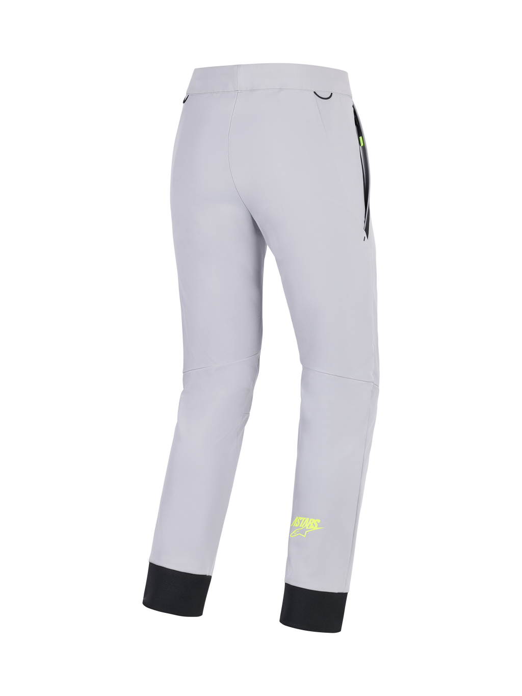 Alpinestars Aeroshell Pants, CE certified crossover motorcycle softshell pants for men, Mid Gray with Yellow Fluo accents, rear view showing stretch construction, elastic lower hem, and pocket details