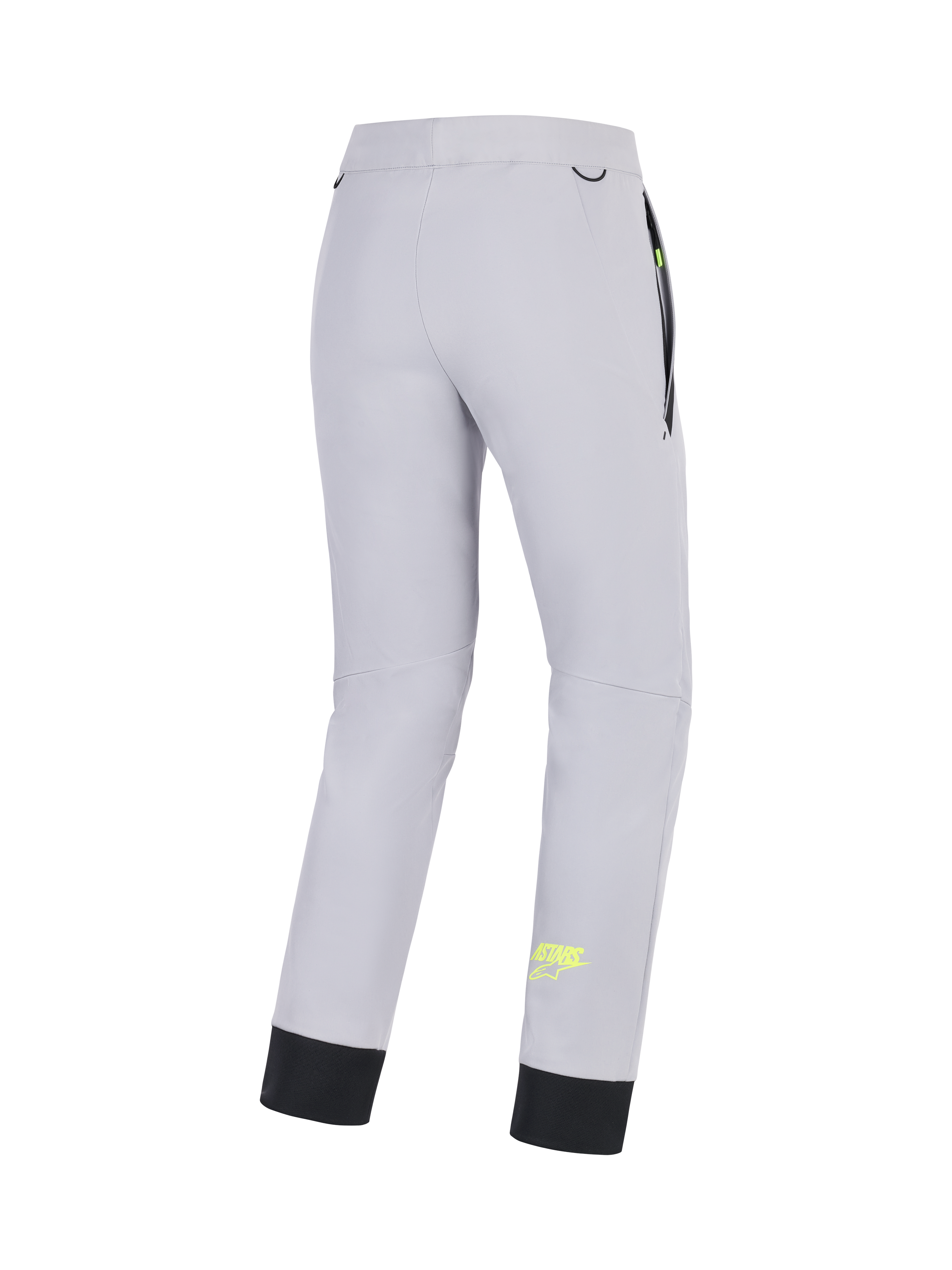 Alpinestars Aeroshell Pants, CE certified crossover motorcycle softshell pants for men, Mid Gray with Yellow Fluo accents, rear view showing stretch construction, elastic lower hem, and pocket details