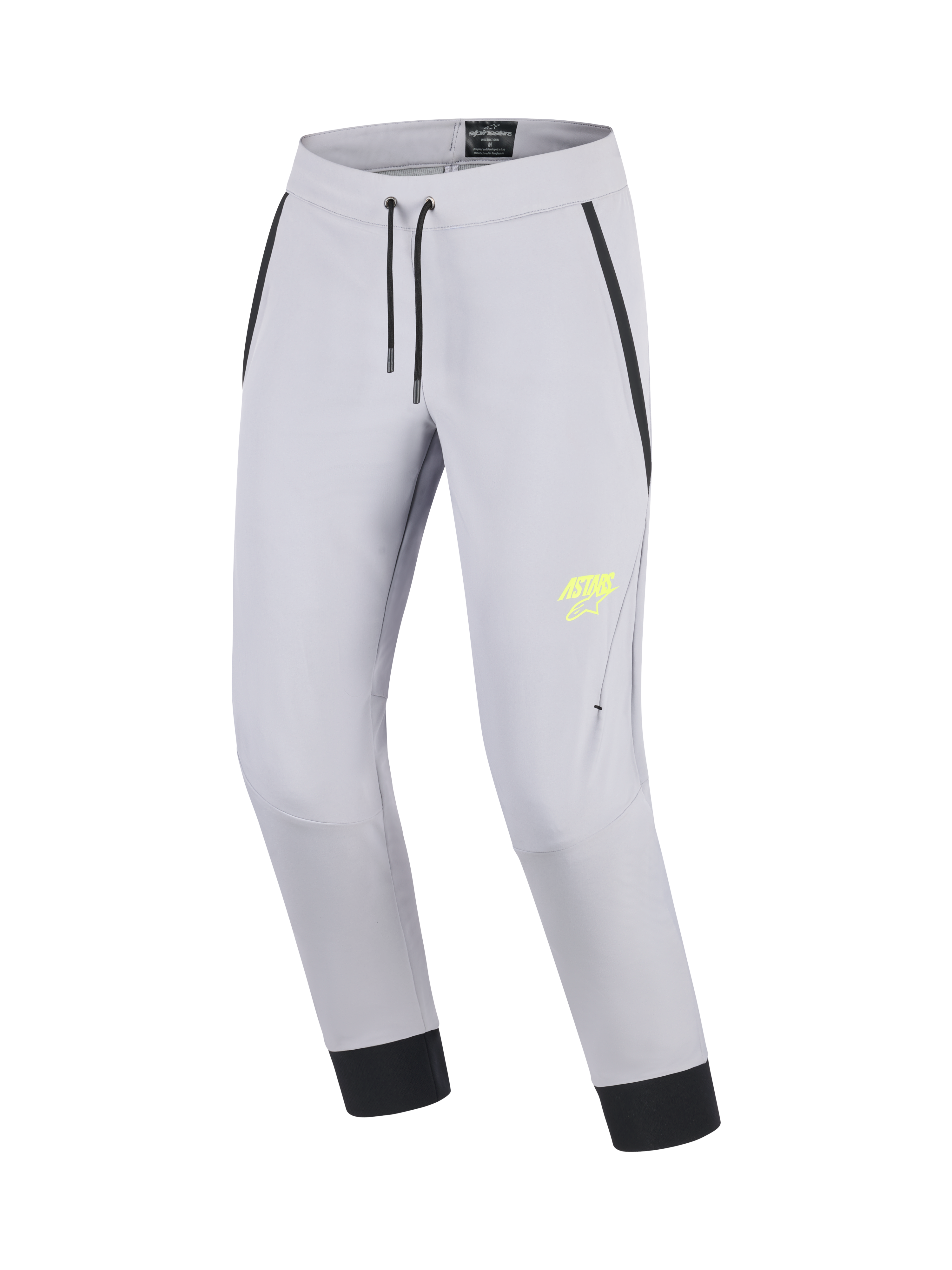 Alpinestars Aeroshell Pants, motorcycle touring textile pants with stretch softshell construction, Mid Gray and Yellow Fluo, featuring pre-curved knees, elastic waist with drawcord, and CE certification