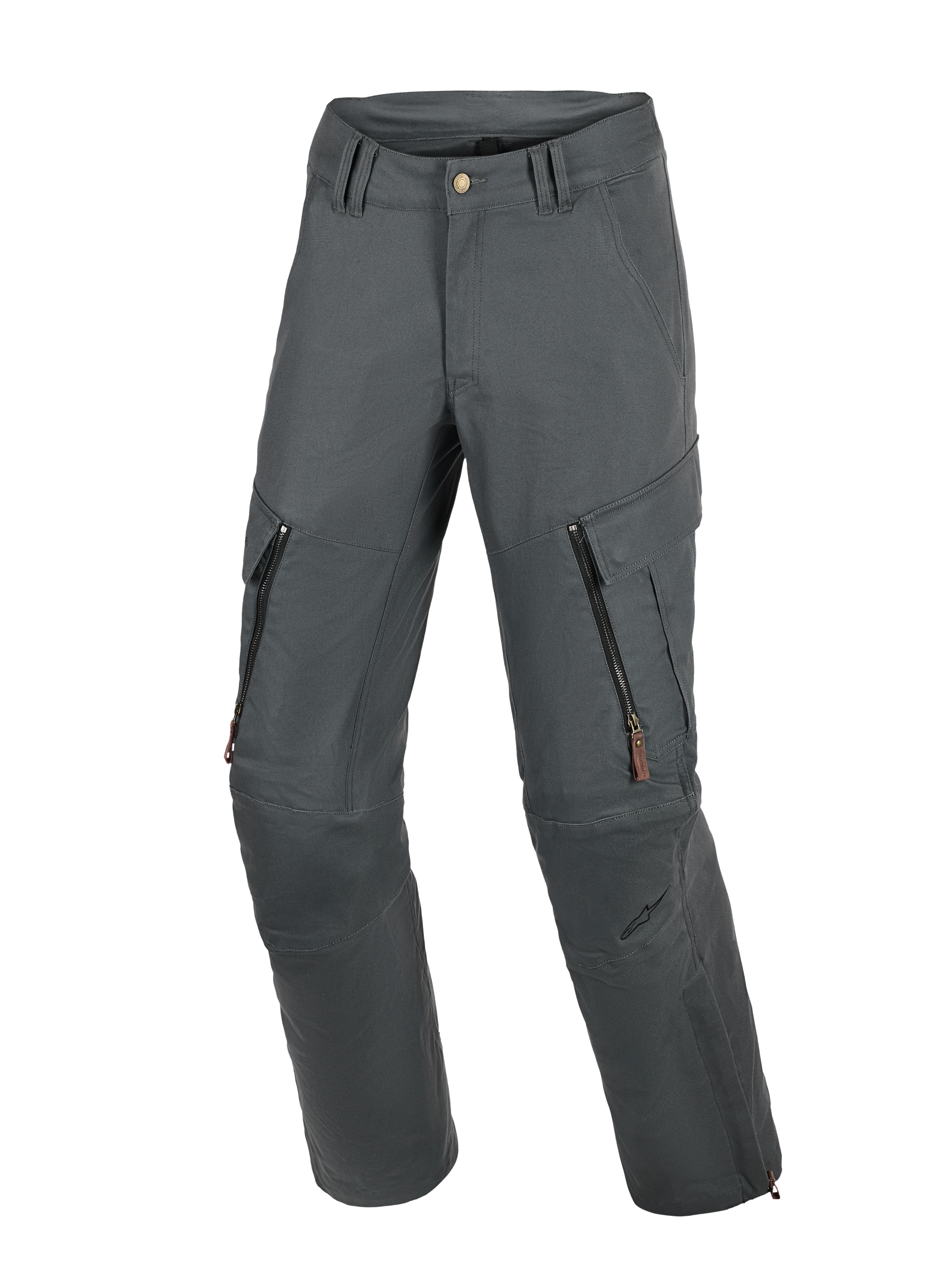 Alpinestars Borrego Drystar® Pants, Motorcycle Adventure Pants, Anthracite Gray, featuring a waxed-canvas appearance with zippered thigh vents and cargo pockets, durable textile construction with reinforced knee panels