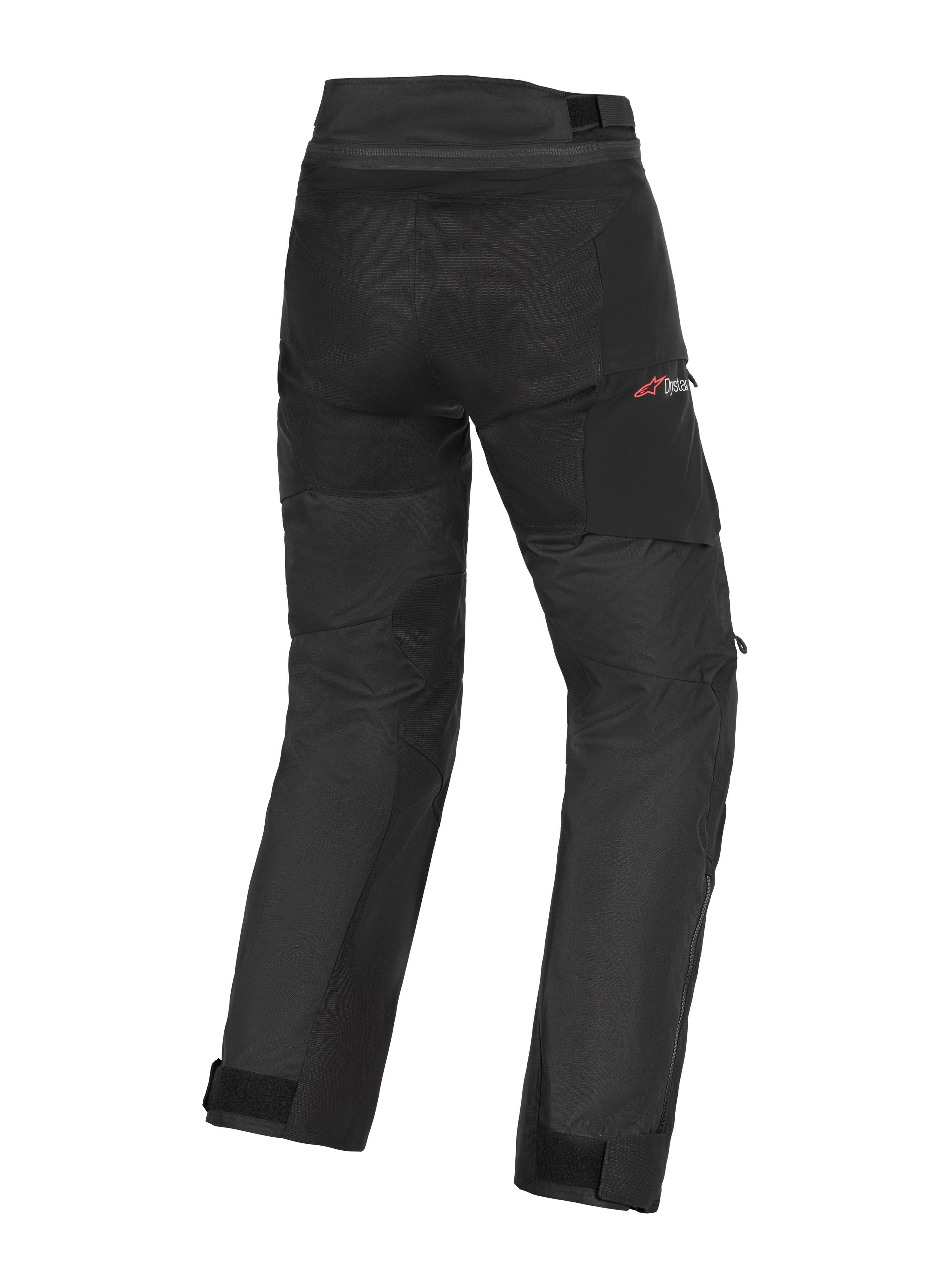 Alpinestars Andes V4 Drystar® Pants, Adventure Motorcycle Pants, Black, rear view showing textile construction with reinforced seat and knee areas, red Drystar logo on the hip, adjustable waist and ankle straps, waterproof and durable design for all-weather riding