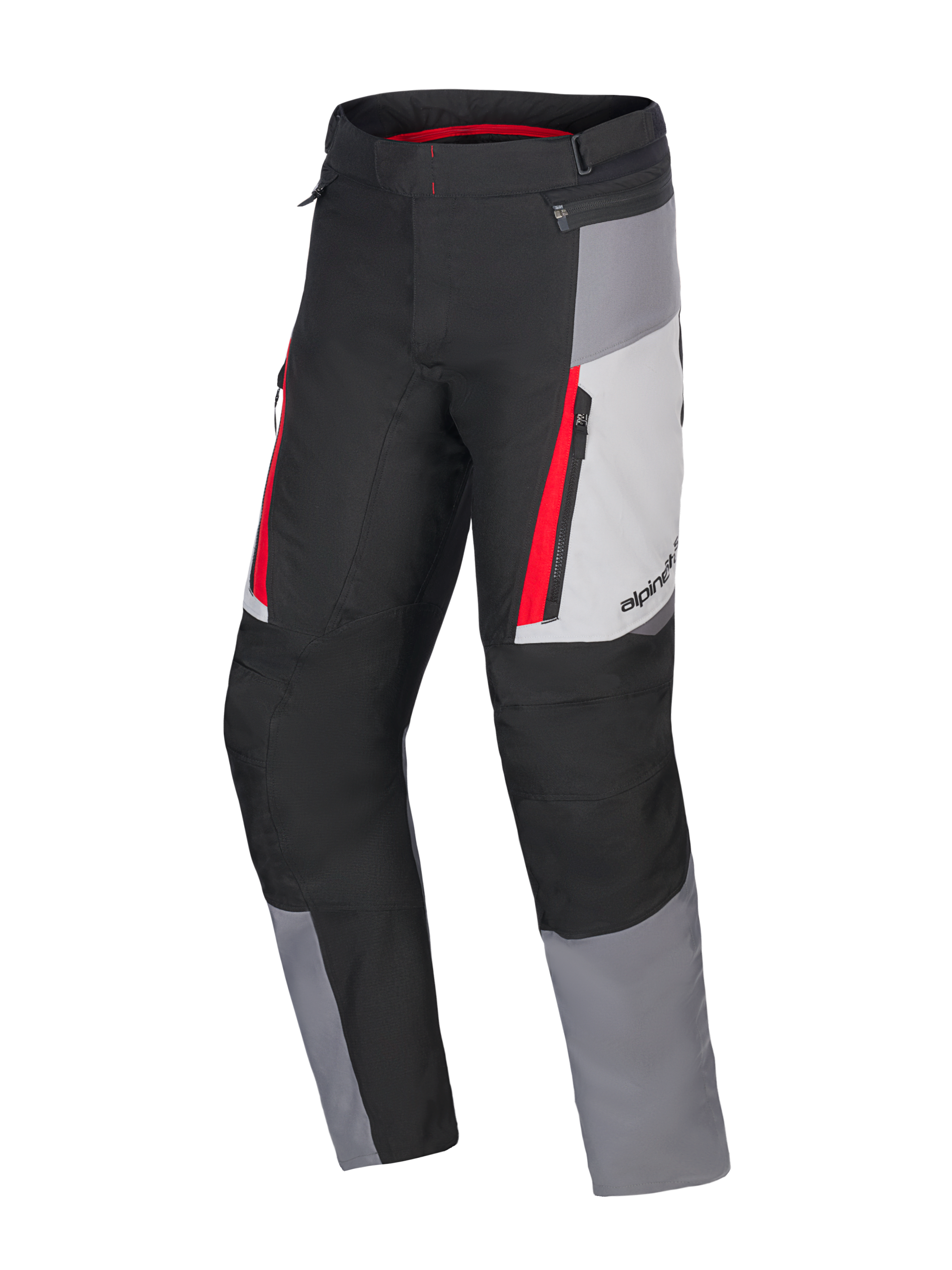 Alpinestars Honda ST-1 Waterproof Pants, Motorcycle Touring Pants, Ice Gray, Dark Gray and Black with Red Accents, technical textile construction with waterproof liner, zippered cargo pockets, and ergonomic pre-curved legs