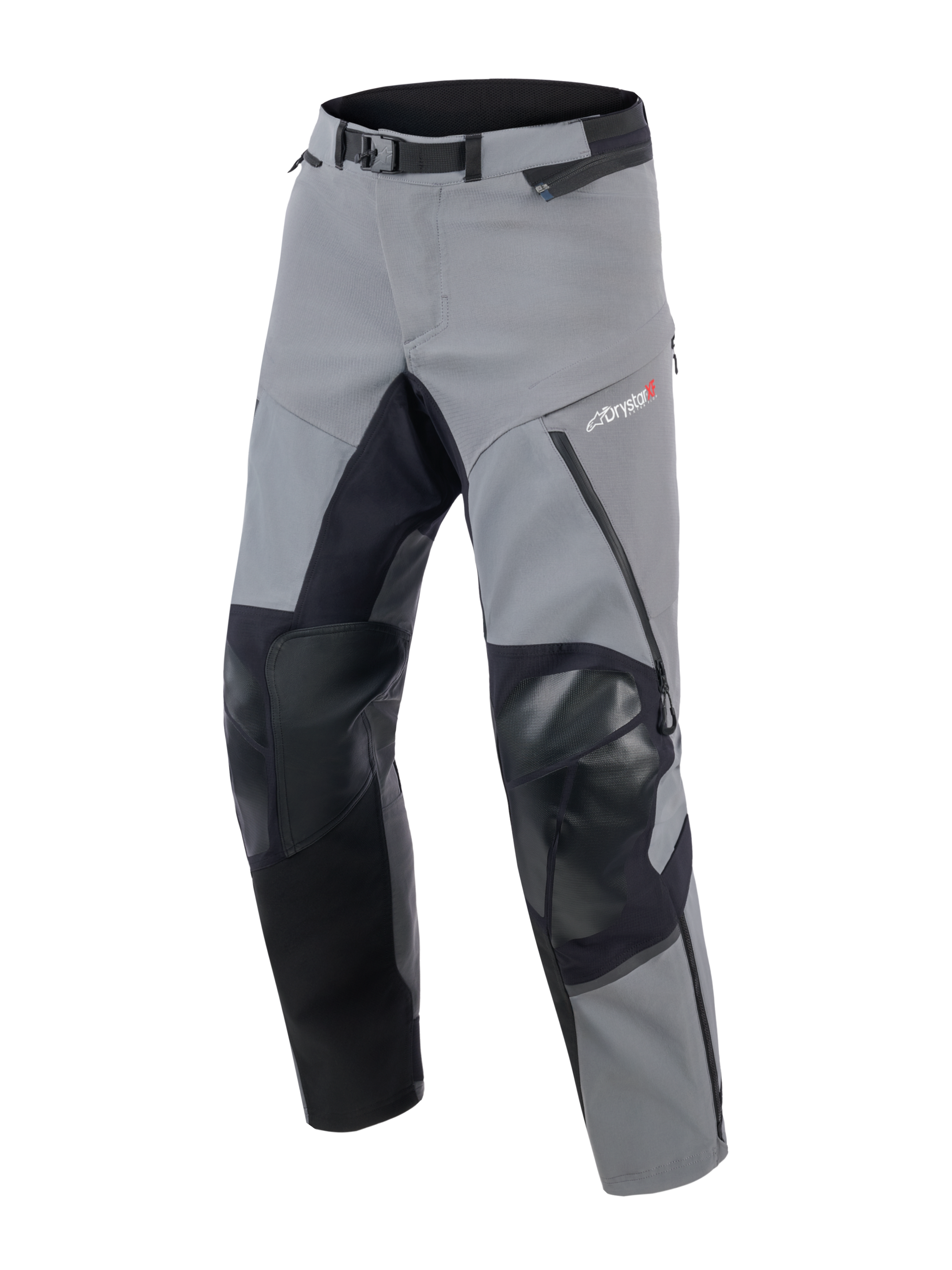 Alpinestars Andes Pro Drystar® XF Pants, Adventure Touring Motorcycle Pants, Dark Gray and Black, featuring reinforced black knee and inner leg panels, magnetic waist buckle, and Drystar XF logo on the thigh, technical textile design for extreme weather.