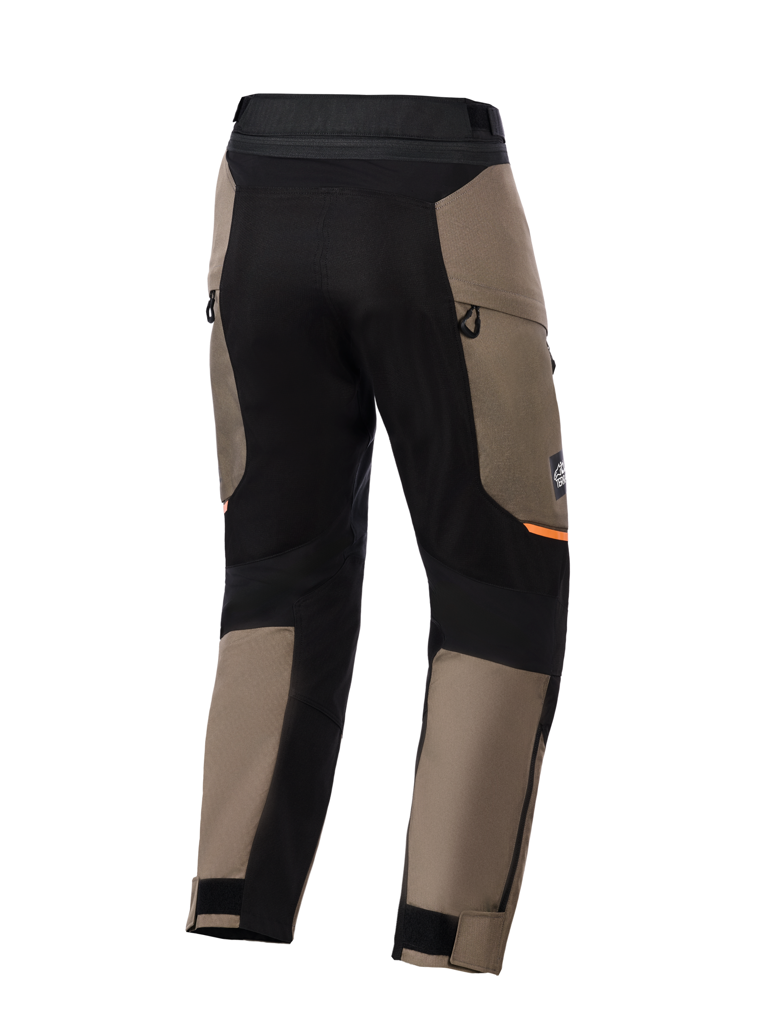Alpinestars Cusco Drystar® Pants, Adventure Motorcycle Pants, Walnut Brown and Black, back view featuring black stretch panels, orange accents, zippered vents, and adjustable velcro cuffs for road riding.