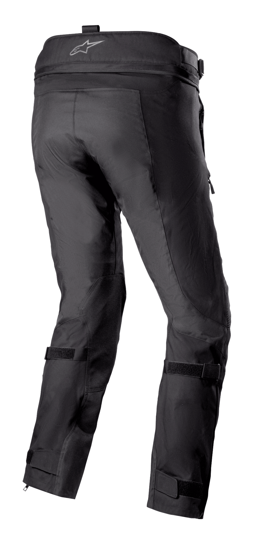 Alpinestars Bogotá Pro Drystar® 3 Seasons Pants, Black adventure touring motorcycle pants shown from the rear, featuring a waistband logo, adjustable leg straps, and technical textile construction with reinforced panels.