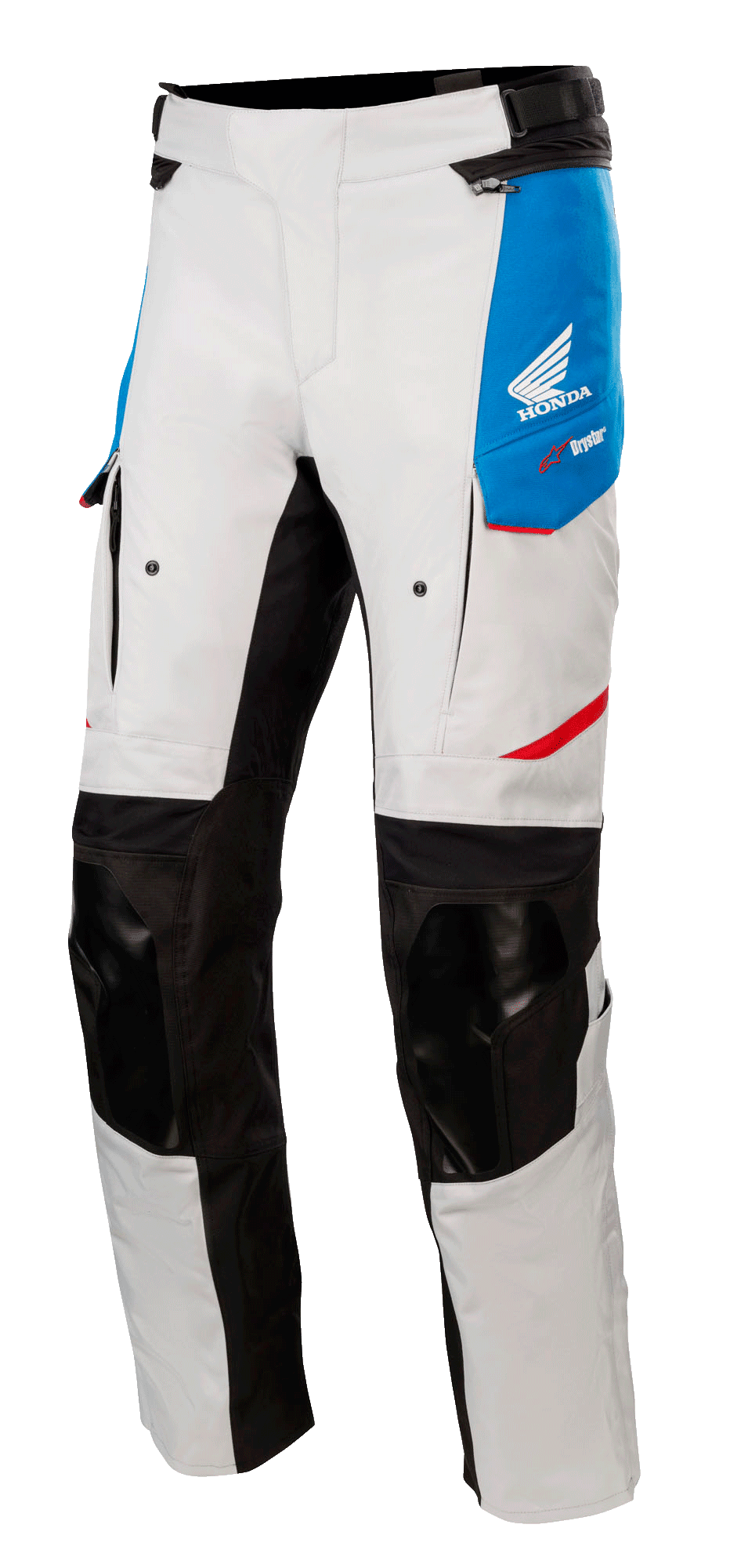 Alpinestars Honda Andes V3 Drystar® Pants, Motorcycle Touring Pants, Ice Gray with Blue panels and Bright Red accents, featuring black reinforced knees and inner leg panels, zippered ventilation ports on thighs, Honda wing logo, waterproof adventure gear