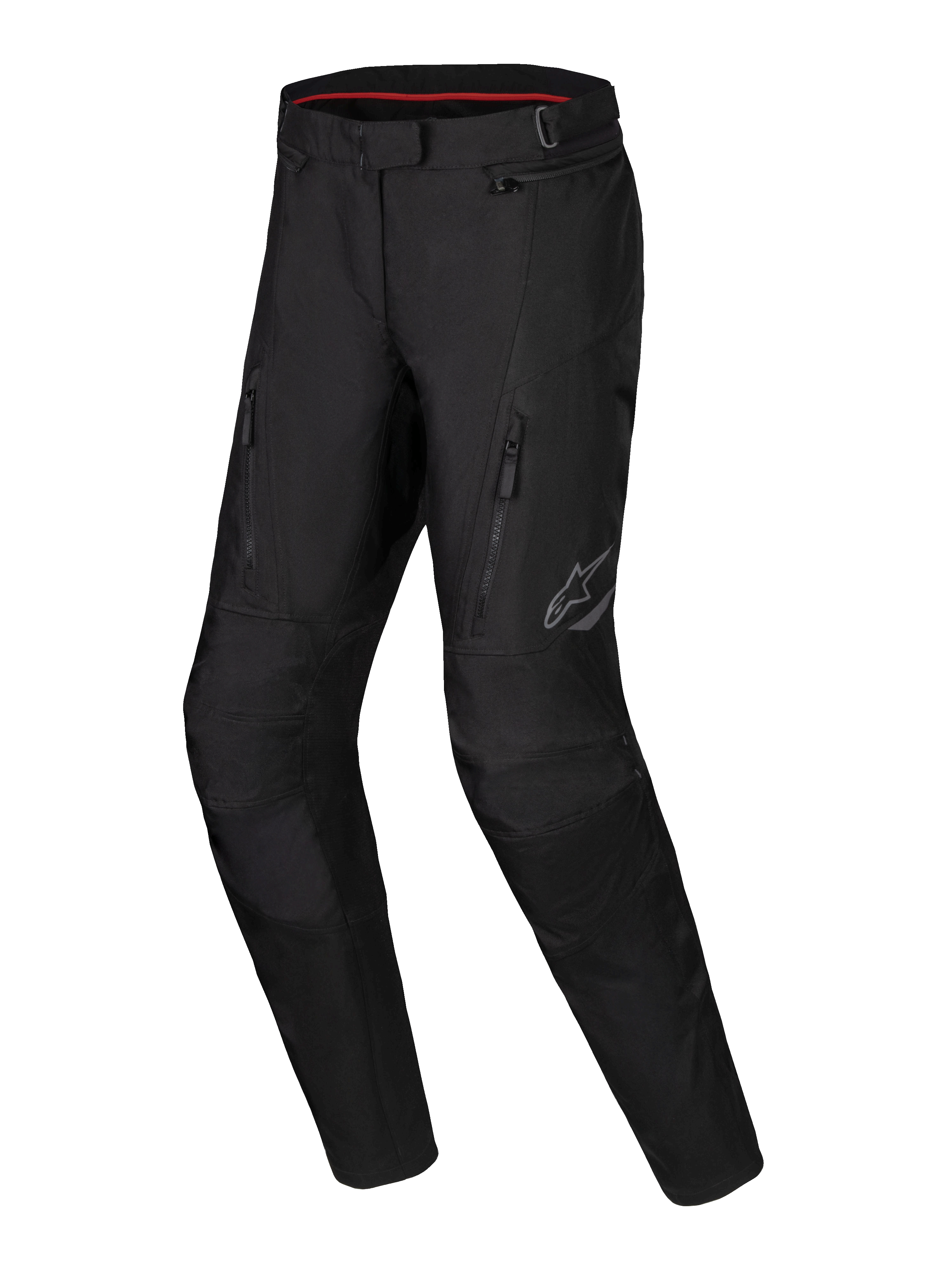 Alpinestars Stella ST-1 Waterproof Pants, Women's Adventure Touring Motorcycle Pants, Black, featuring front zippered pockets, reinforced knee panels, and reflective Alpinestars logo on the thigh, waterproof textile construction with pre-curved legs