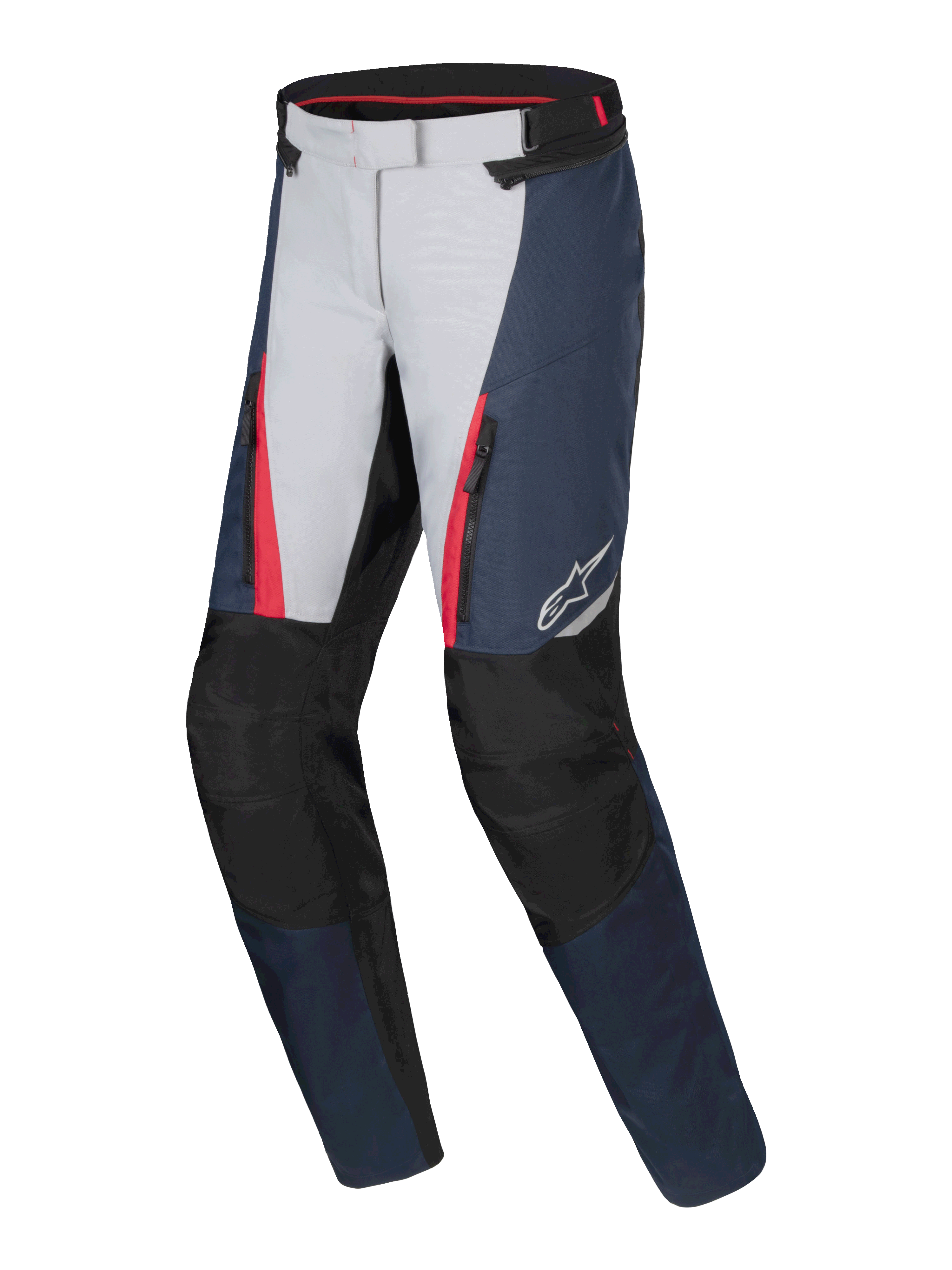 Alpinestars Stella ST-1 Waterproof Pants, Women's Motorcycle Touring Pants, Dark Blue, Black and Bright Red with light gray panels, featuring zippered front pockets, reinforced knee protection, and ergonomic design for all-weather riding.