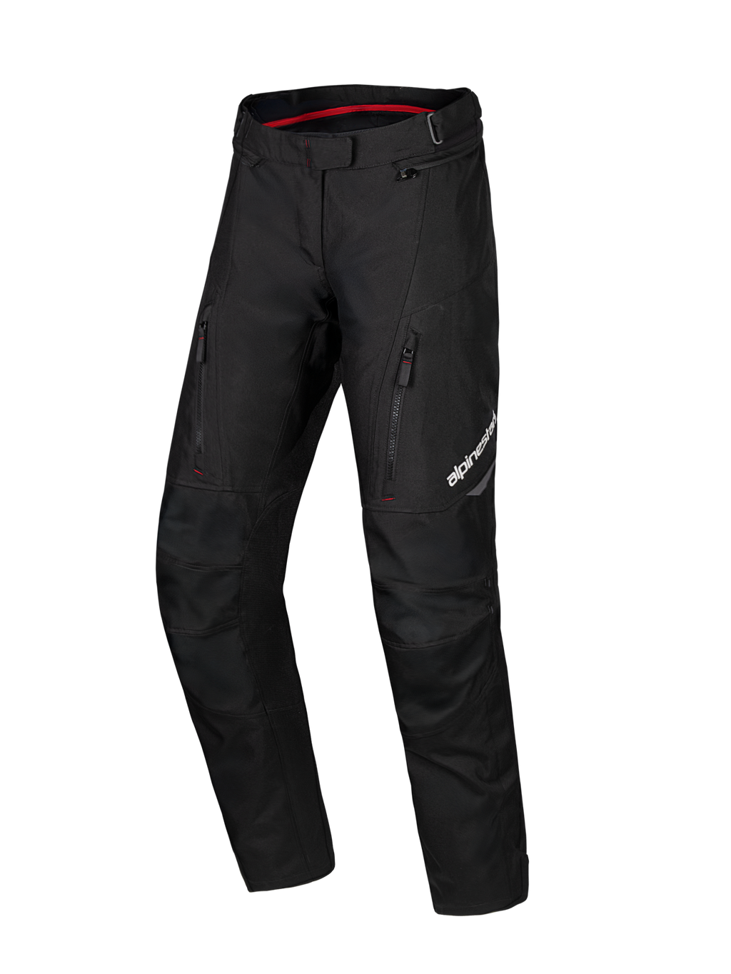 Alpinestars Honda Stella ST-1 Waterproof Pants, Black Women's Motorcycle Touring Pants, Red Interior Waistband Lining, Two Vertical Zippered Thigh Pockets, Alpinestars Logo on Leg, Durable Textile Adventure Gear
