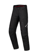 Alpinestars Honda Stella ST-1 Waterproof Pants, Black Women's Motorcycle Touring Pants, Red Interior Waistband Lining, Two Vertical Zippered Thigh Pockets, Alpinestars Logo on Leg, Durable Textile Adventure Gear