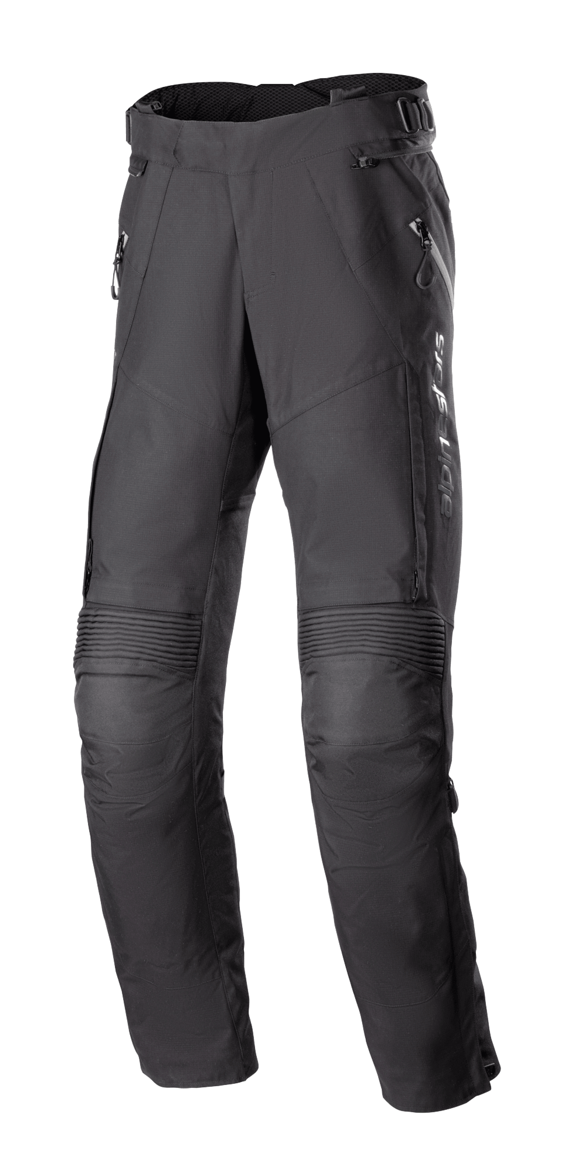 Alpinestars Women's Stella Bogota Pro Drystar 4 Seasons Pants, Black Motorcycle Touring Pants, featuring accordion stretch panels at the knees, zippered thigh vents, and adjustable waist buckles, technical textile adventure gear