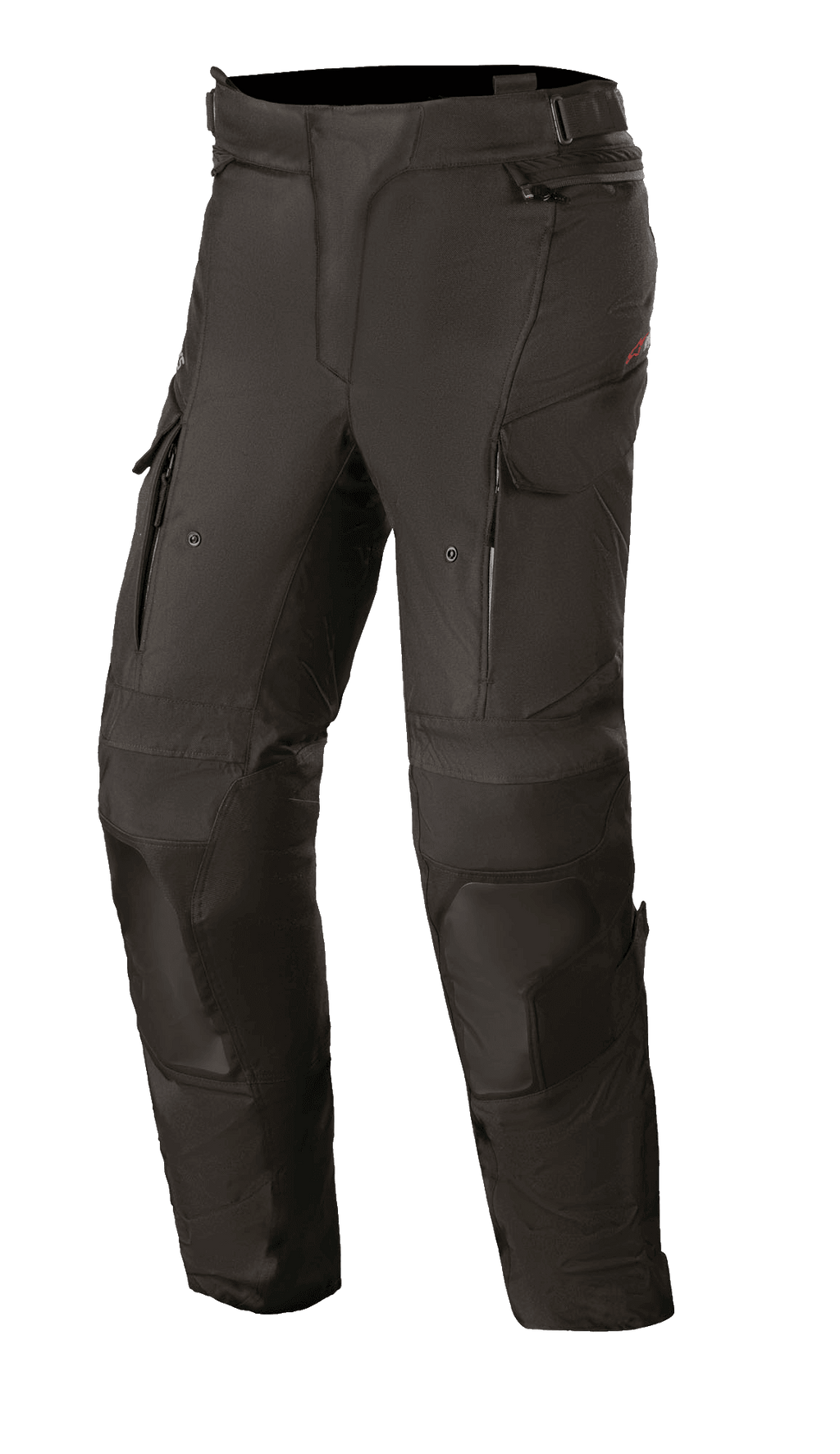 Alpinestars Women Stella Andes V3 Drystar Pants, Black motorcycle touring pants, waterproof and breathable textile construction, reinforced knee and thigh panels, zippered thigh vents, cargo pockets, and adjustable waistband for adventure riding.