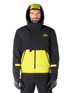 Alpinestars Mootant Waterproof Parka, Lime Punch Black motorcycle jacket, front view, modular 3-in-1 design with black upper and bright lime green lower section, featuring a drawstring hood and chest logo, worn with black pants and riding gloves