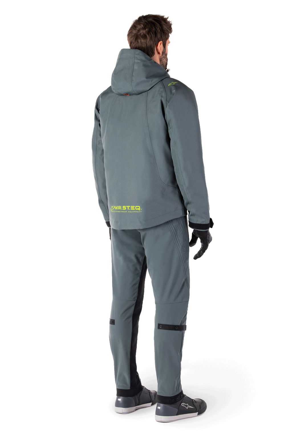 Alpinestars Morush Waterproof Parka in Urban Gray, long-cut motorcycle jacket with streetwear-inspired design, featuring a stormproof hood, large front 3D utility pockets, and reflective MO.ST.EQ. wordmark on the back.