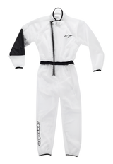 Alpinestars Youth Kart Rain Suit, Transparent Waterproof Over-suit, Clear with Black Accents, featuring a reinforced black right elbow panel, asymmetric front zipper, elasticated waist and cuffs, Alpinestars logos on chest and lower leg, specialized gear for wet weather karting