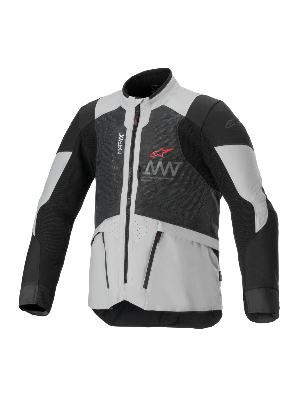 Alpinestars AMT-7 Air Jacket, Motorcycle Ventilated Jacket, Black and White, featuring MATRYX ventilation panels, zippered pockets, and high collar, sporty design with red Alpinestars logo