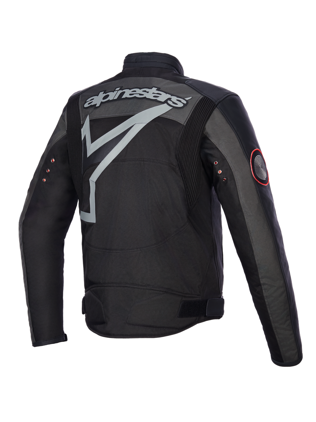 Alpinestars Axton Jacket, Motorcycle Jacket, Black Anthracite Red Tangerine, back view showing large grey wrap-around logo and wordmark, accordion shoulder panels, and vintage metal eyelets on sleeves, textile and leather construction.