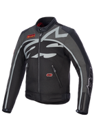 Alpinestars Axton Jacket, Motorcycle Jacket, Black Anthracite Red Tangerine, featuring a large grey wrap-around logo on the chest, red branded patches, textile and leather construction, vintage racing-inspired design for urban and road riding