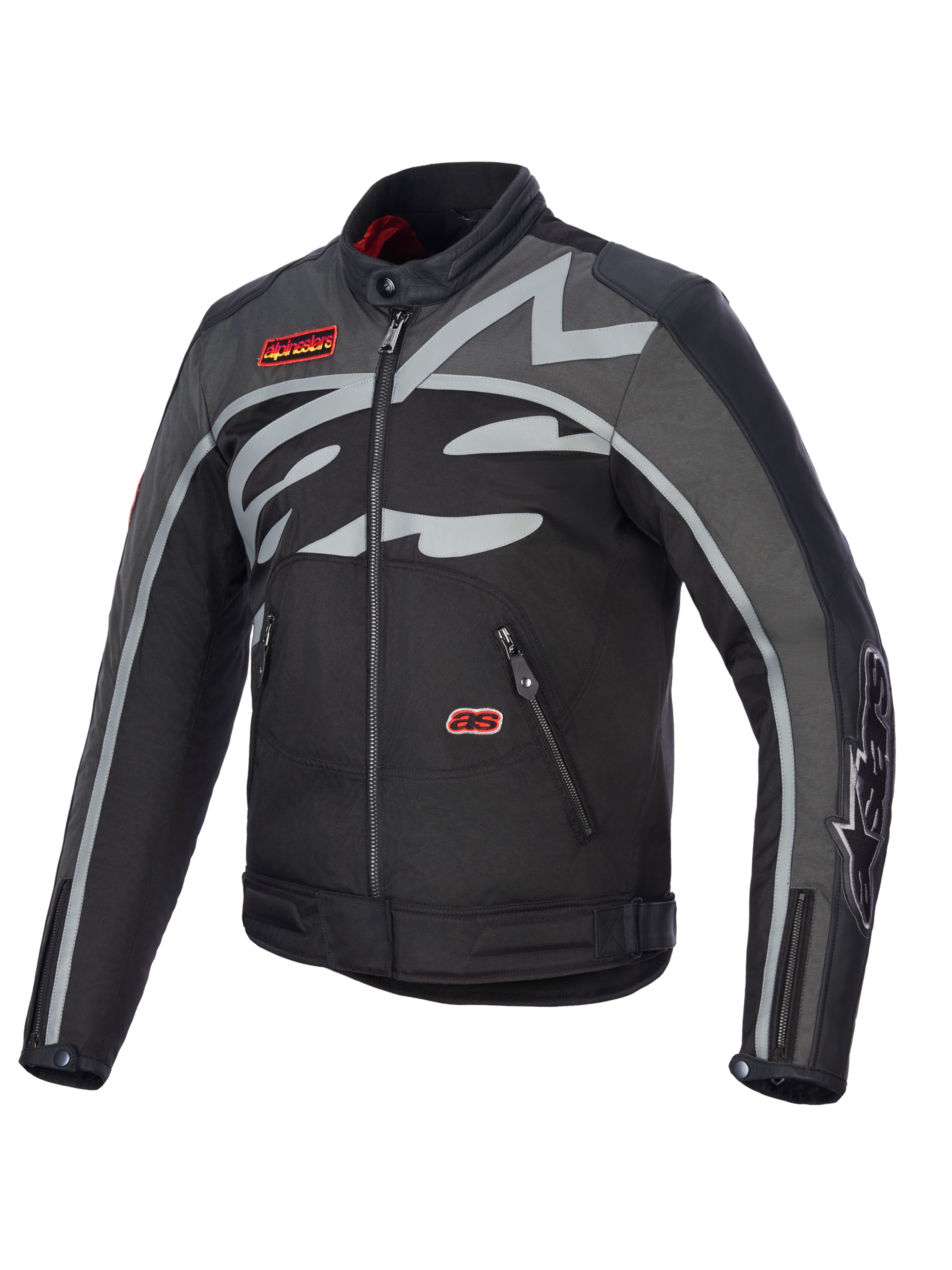 Alpinestars Axton Jacket, Motorcycle Jacket, Black Anthracite Red Tangerine, featuring a large grey wrap-around logo on the chest, red branded patches, textile and leather construction, vintage racing-inspired design for urban and road riding
