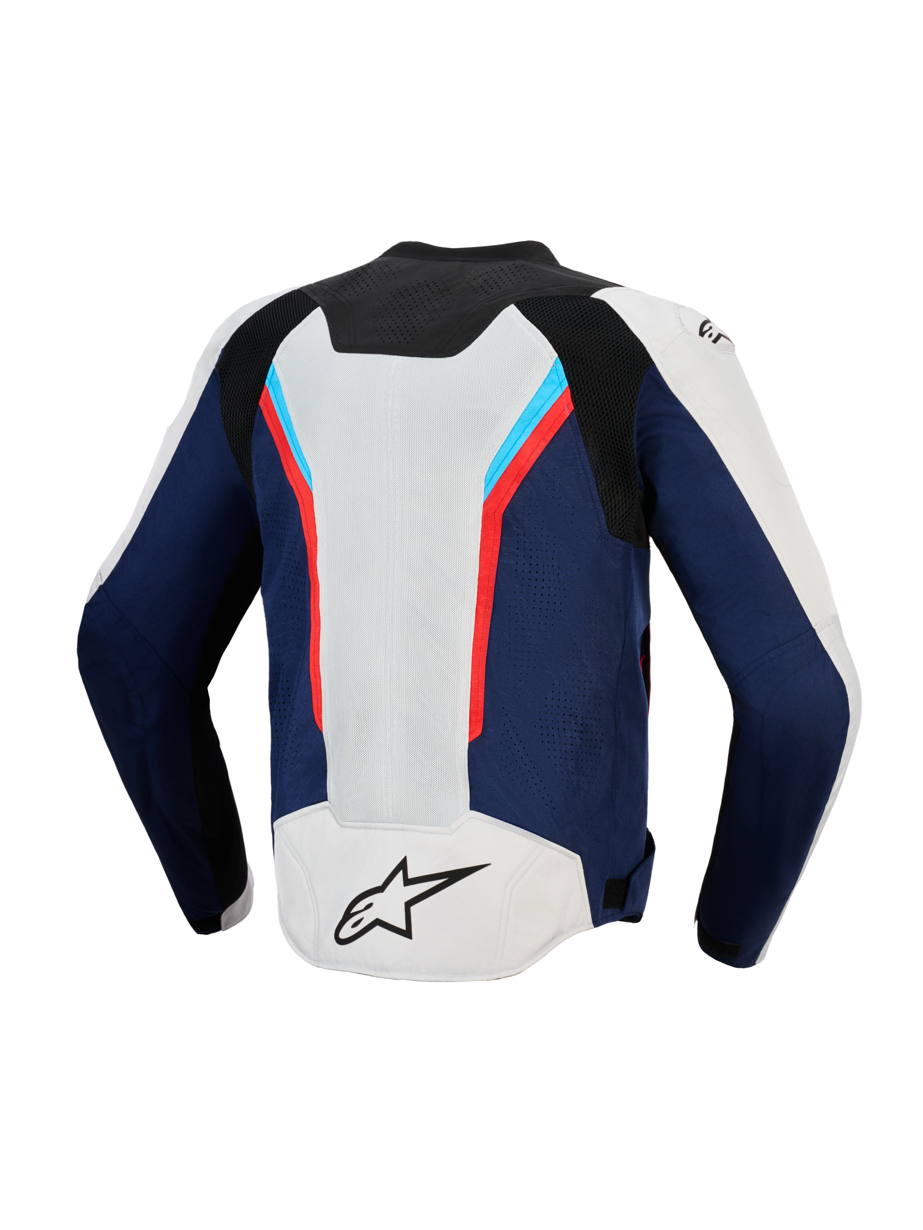 Alpinestars AST V3 Air Jacket, Rear view, Silver Deep Blue and Bright Red, technical motorcycle jacket featuring large mesh ventilation panels, sporty multi-panel design with red and light blue accents, black A-star logo on silver lower back.