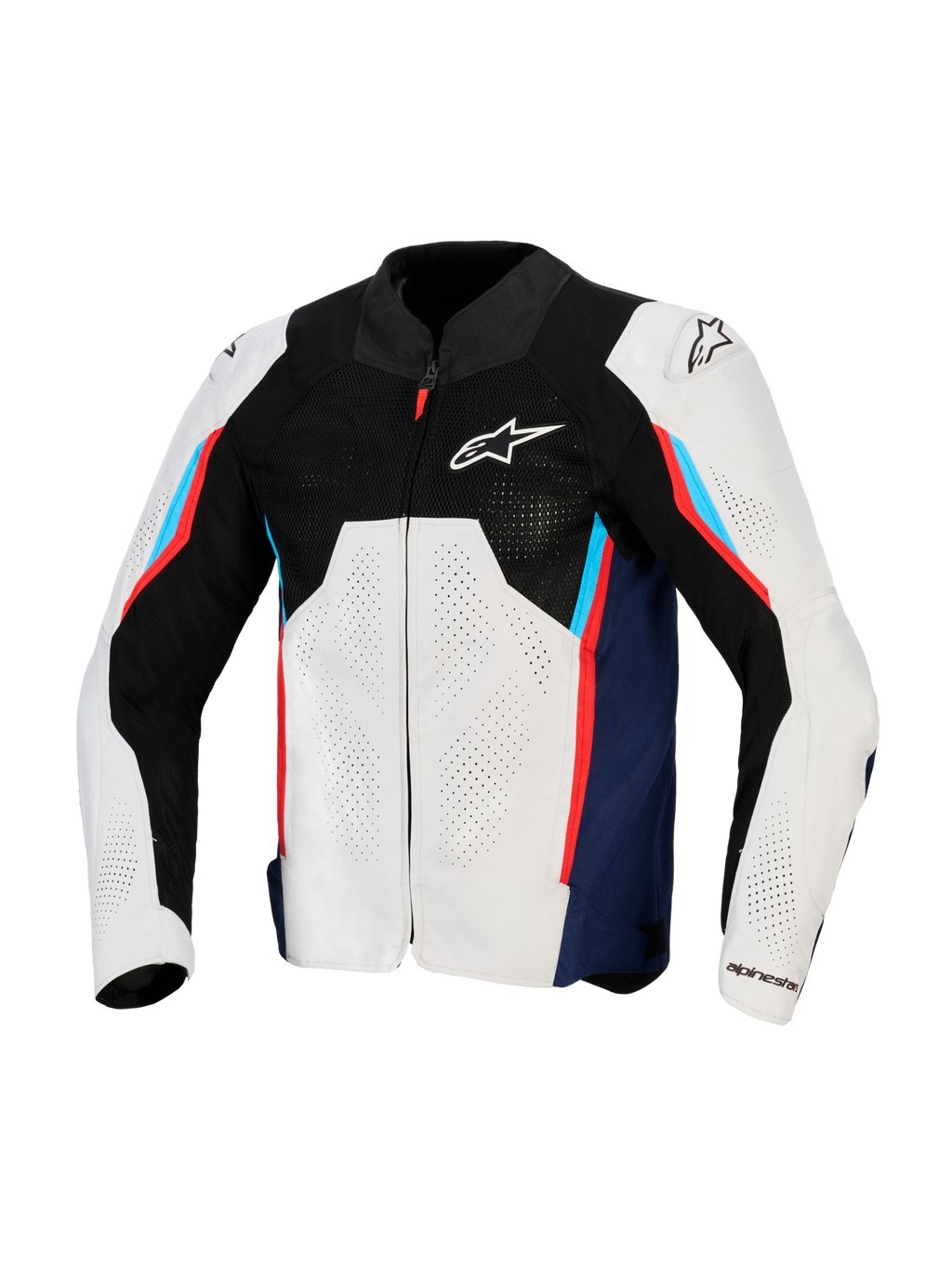 Alpinestars AST V3 Air Jacket, Motorcycle Racing Jacket, Silver Deep Blue and Bright Red, front view featuring black tech mesh upper, laser-perforated textile panels, and external DFS shoulder sliders, sport-fit warm-weather design.