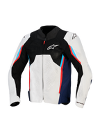 Alpinestars AST V3 Air Jacket, Motorcycle Racing Jacket, Silver Deep Blue and Bright Red, front view featuring black tech mesh upper, laser-perforated textile panels, and external DFS shoulder sliders, sport-fit warm-weather design.