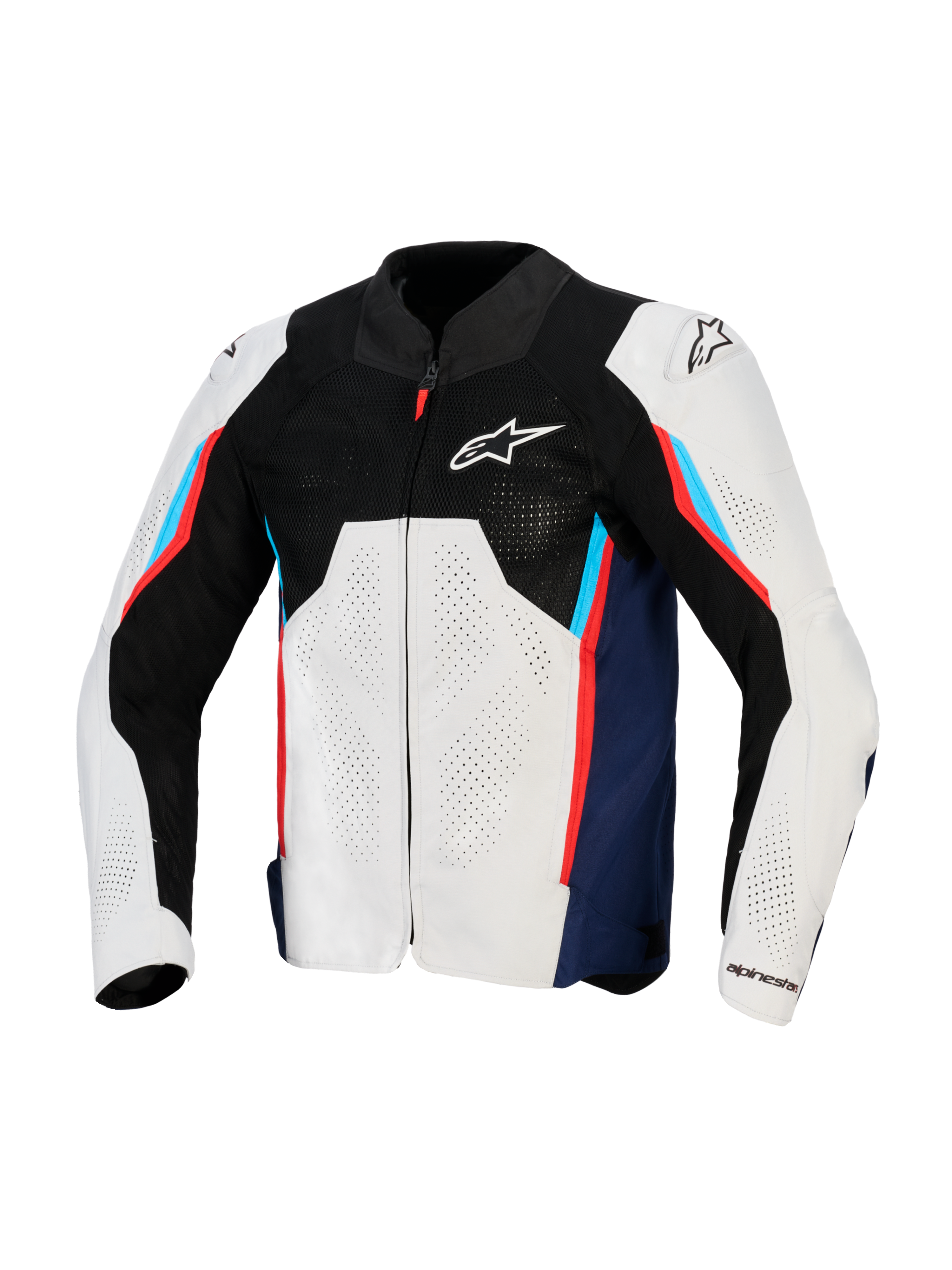 Alpinestars AST V3 Air Jacket, Motorcycle Racing Jacket, Silver Deep Blue and Bright Red, front view featuring black tech mesh upper, laser-perforated textile panels, and external DFS shoulder sliders, sport-fit warm-weather design.