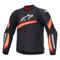 Alpinestars T-GP Plus R V4 Jacket, Black motorcycle jacket with red and fluo orange stripes, large white logo on chest, sporty textile design with red collar lining and branded sleeves, high-performance sport riding gear