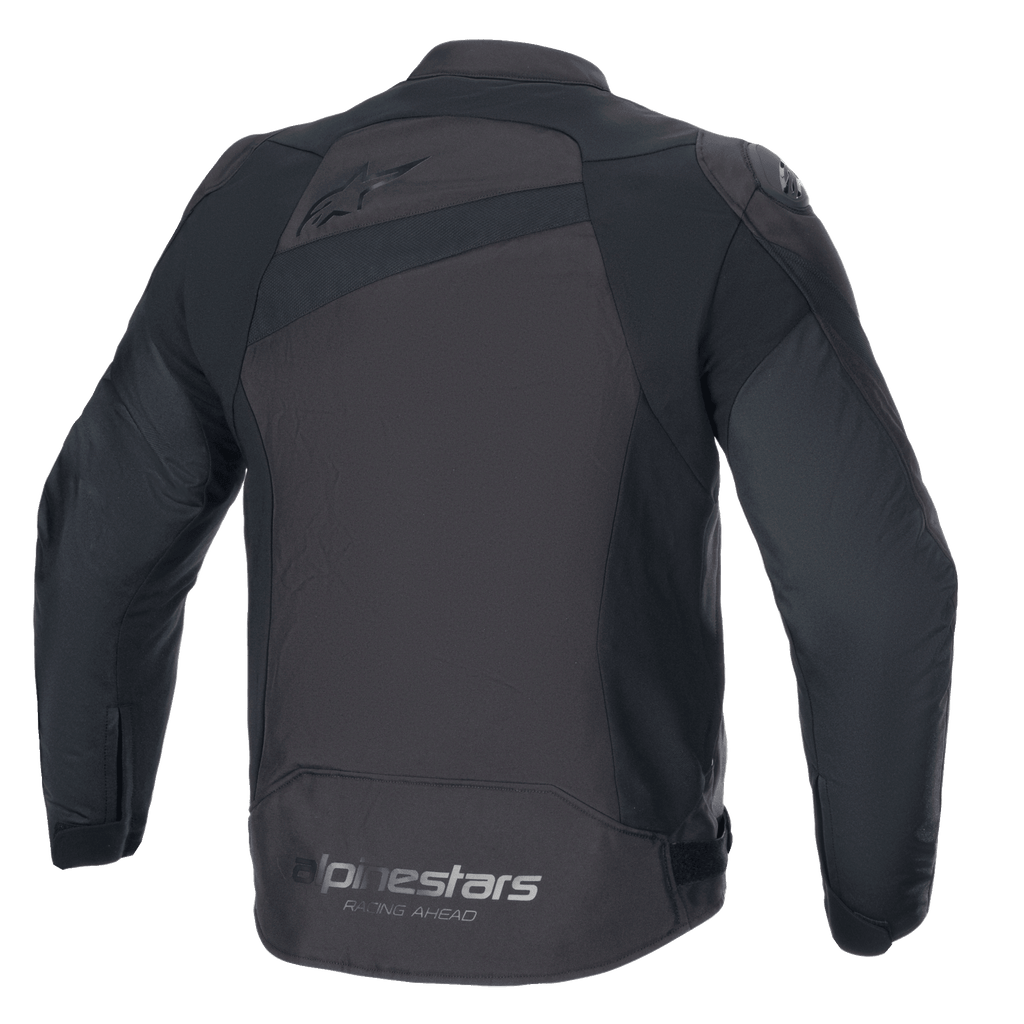 Alpinestars T-GP Plus R V4 Jacket, Textile Motorcycle Jacket, Black and Black, back view showing Alpinestars branding and 'Racing Ahead' slogan, sport fit with DFS Lite shoulder protectors and durable poly-fabric construction
