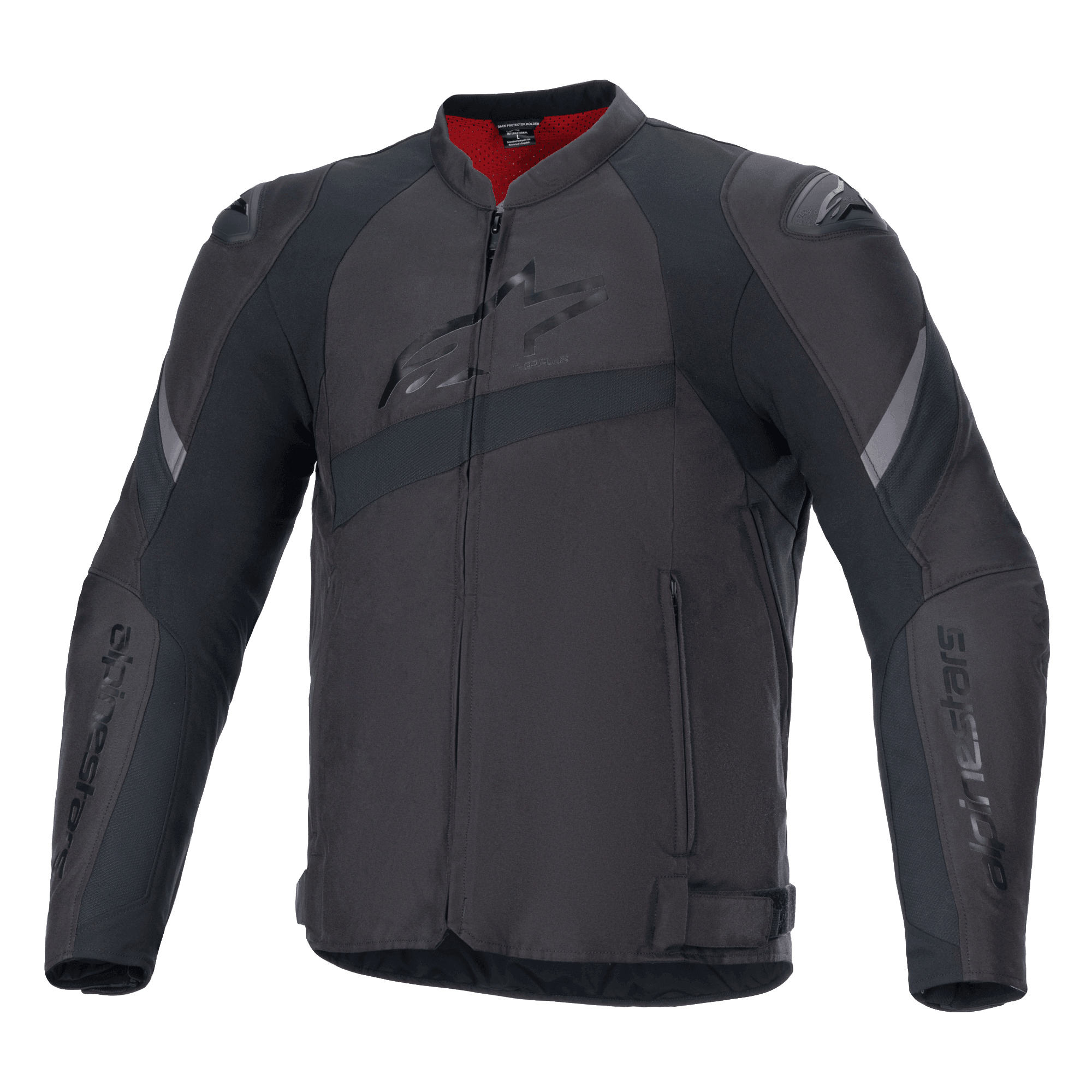 Alpinestars T-GP Plus R V4 Jacket, Black Textile Motorcycle Jacket, Embossed Alpinestars Chest Logo, Gray Reflective Stripes, Red Inner Lining at Collar, Sport Fit with Padded Shoulders and Elbows, Racing Style Design